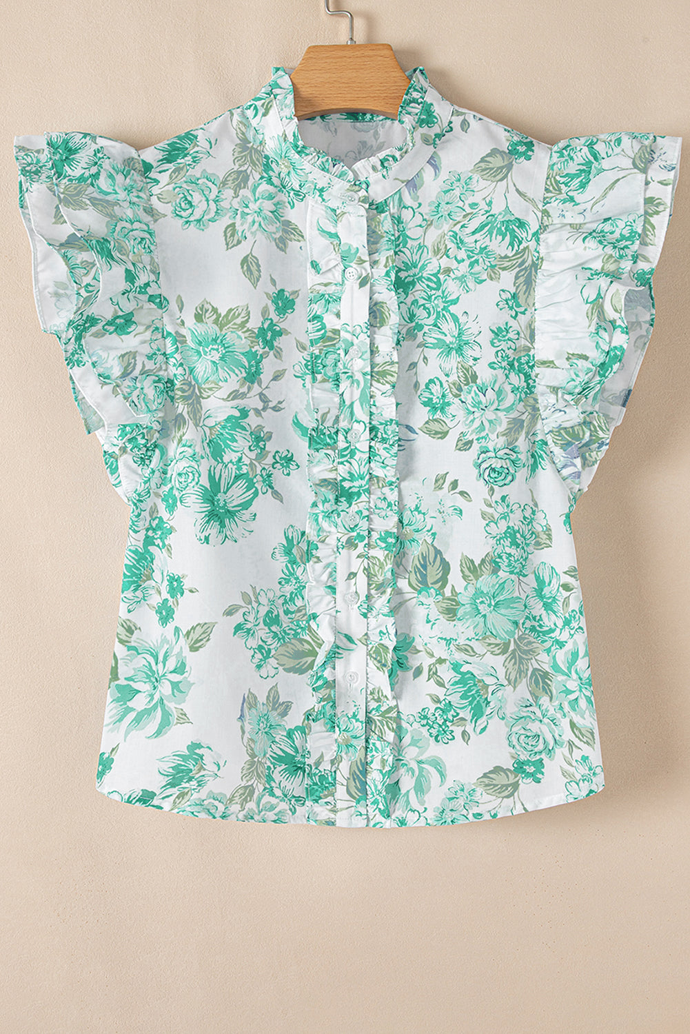 Green Floral Print Ruffle Sleeve Frill Shirt