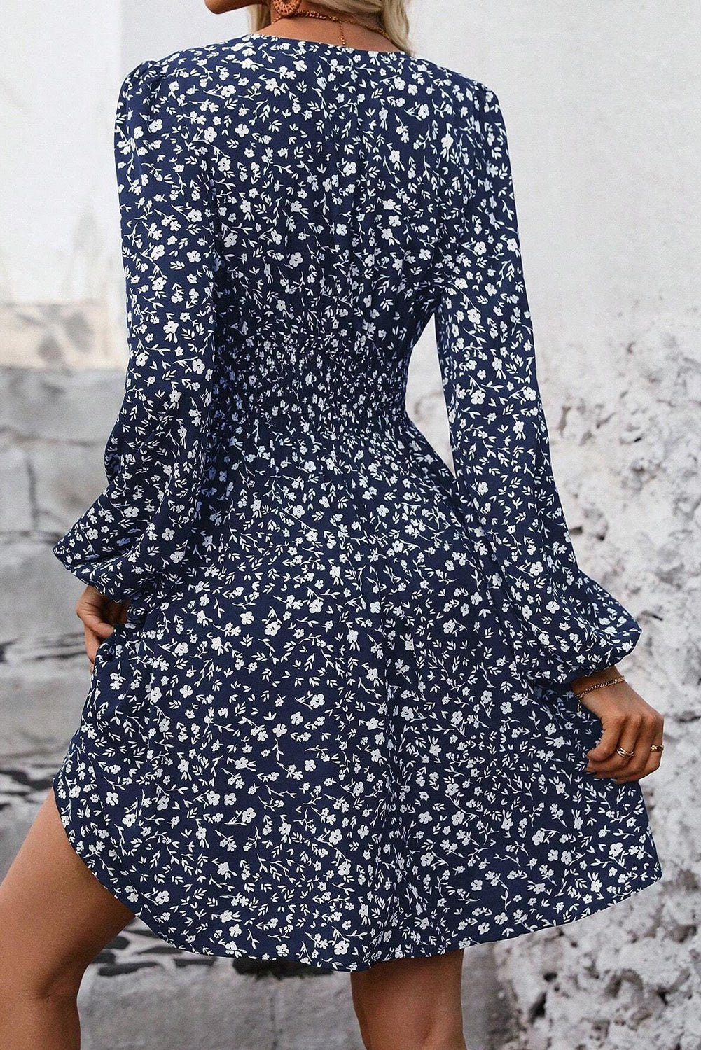 Dirty Blue Floral Print V Neck Long Sleeve Mini Dress