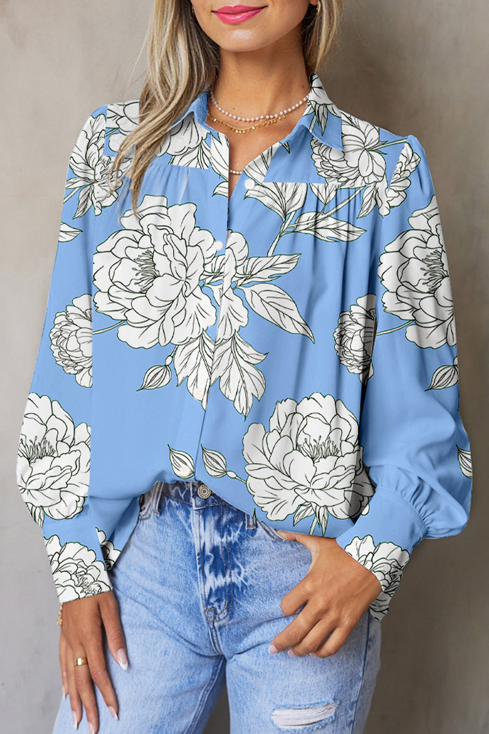 Sky Blue Floral Print Pleated Puff Sleeve Shirt