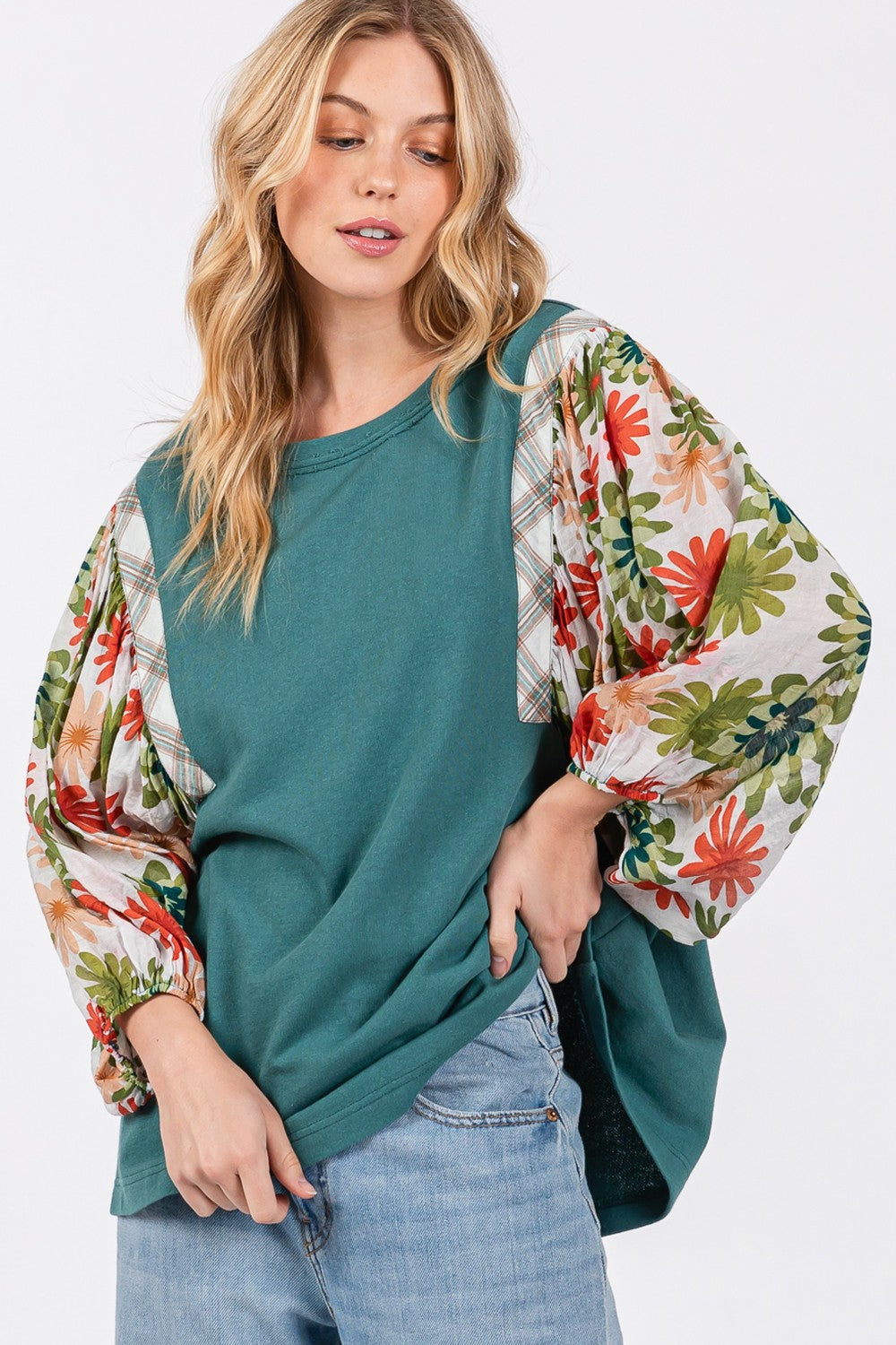 SAGE + FIG Full Size Printed Balloon Sleeve Contrast Top-4