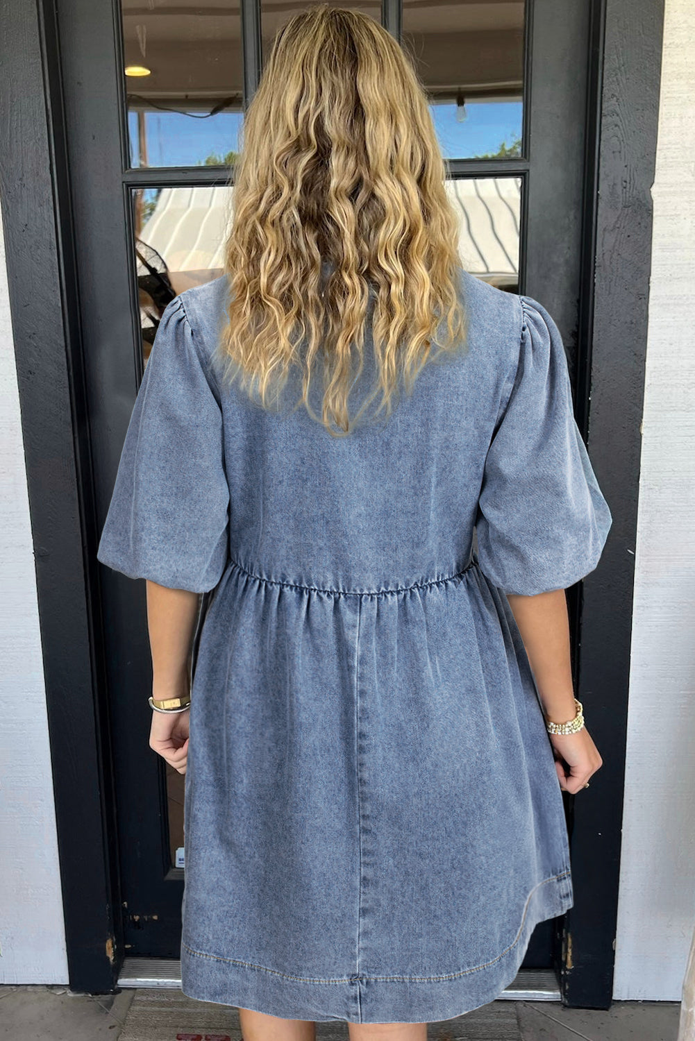 Dusk Blue Bowknot Puff Sleeve Denim Dress