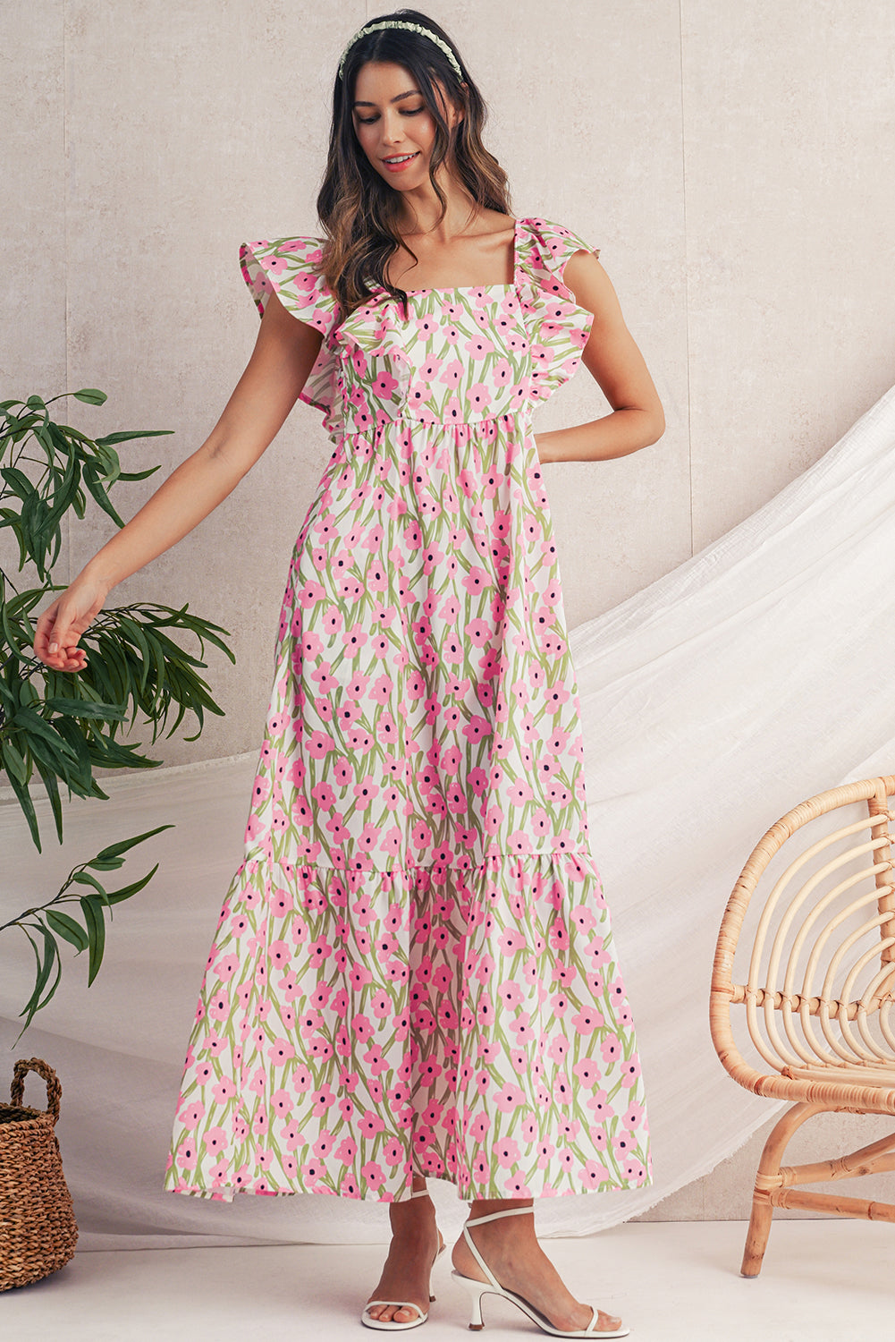 Pink Floral Print Square Neck Ruffled Strap Maxi Dress