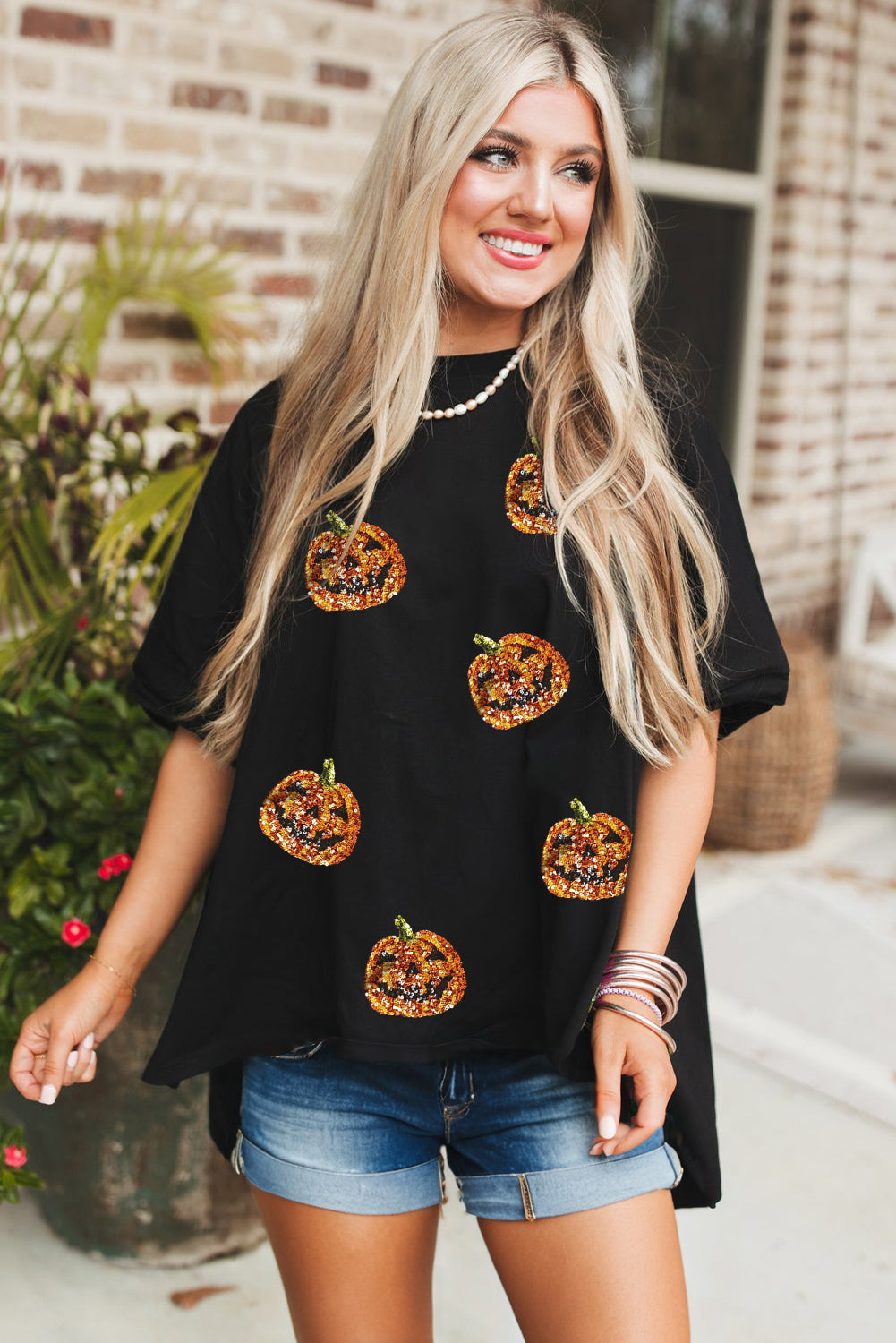Black Sequin Pumpkin Face Halloween Graphic Tee