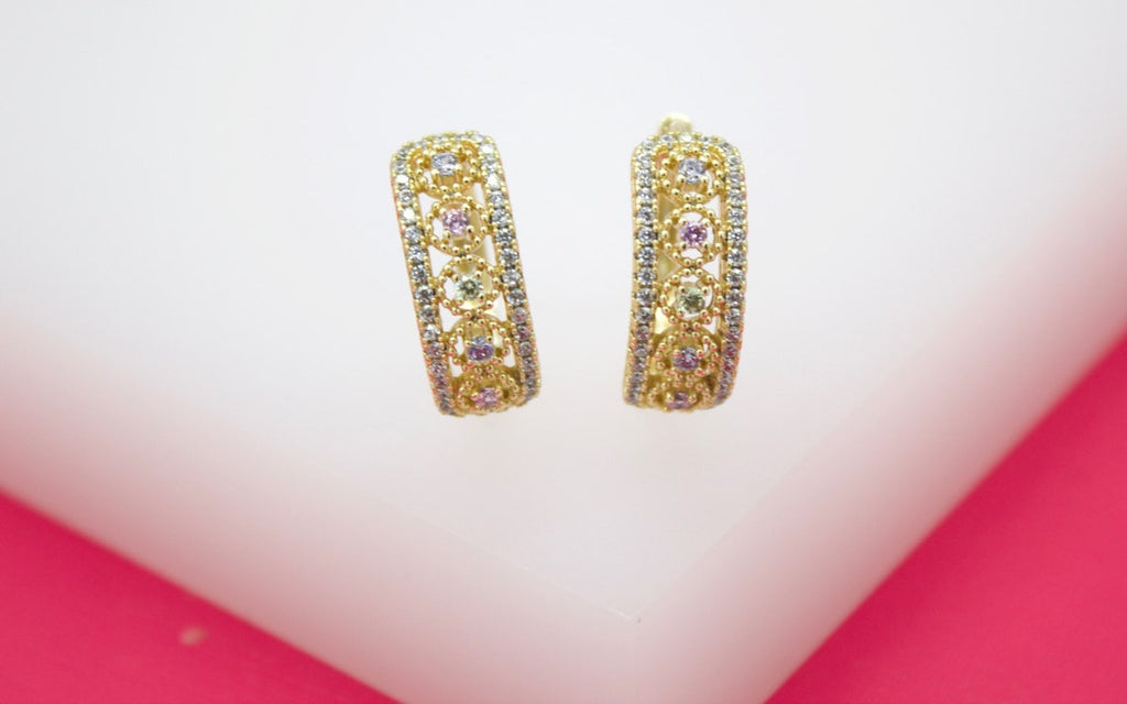 18K Gold Filled Multi-Color Round CZ Huggies (L65)-1