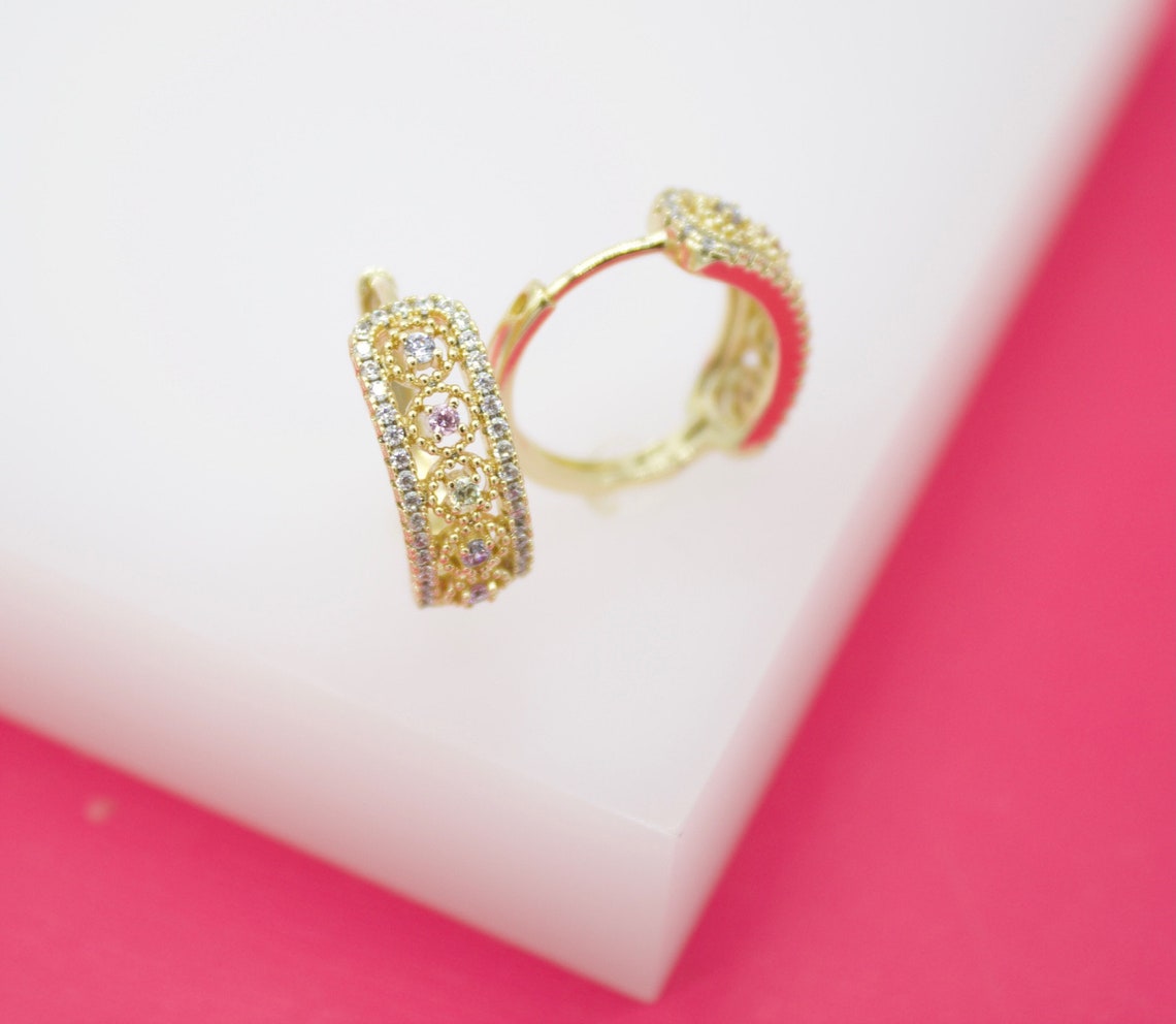 18K Gold Filled Multi-Color Round CZ Huggies (L65)-0