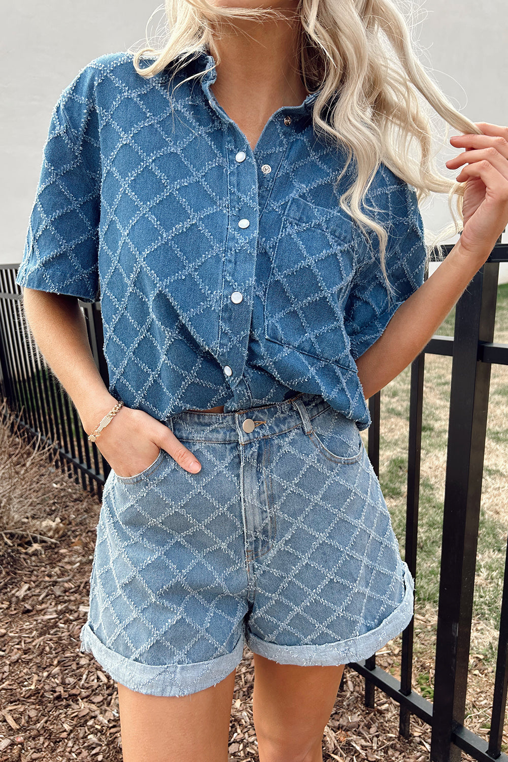 Dusk Blue Checkered Textured Short Sleeve Pocket Denim Shirt