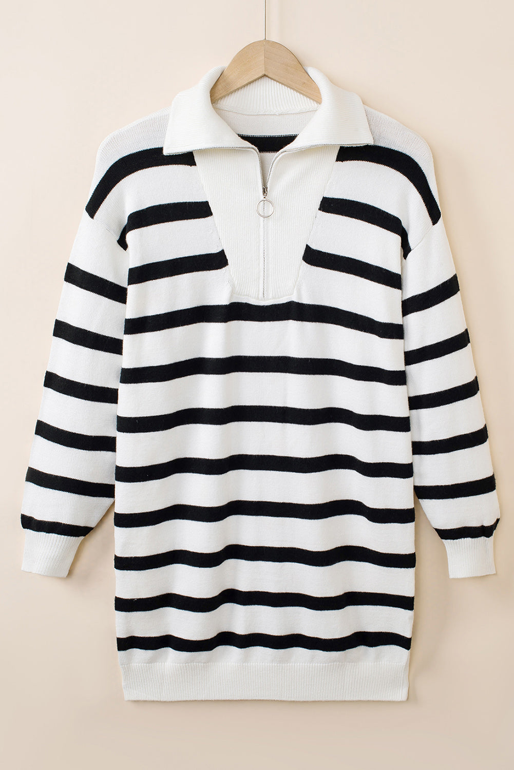White Striped O-ring Zip Collared Loose Sweater Mini Dress
