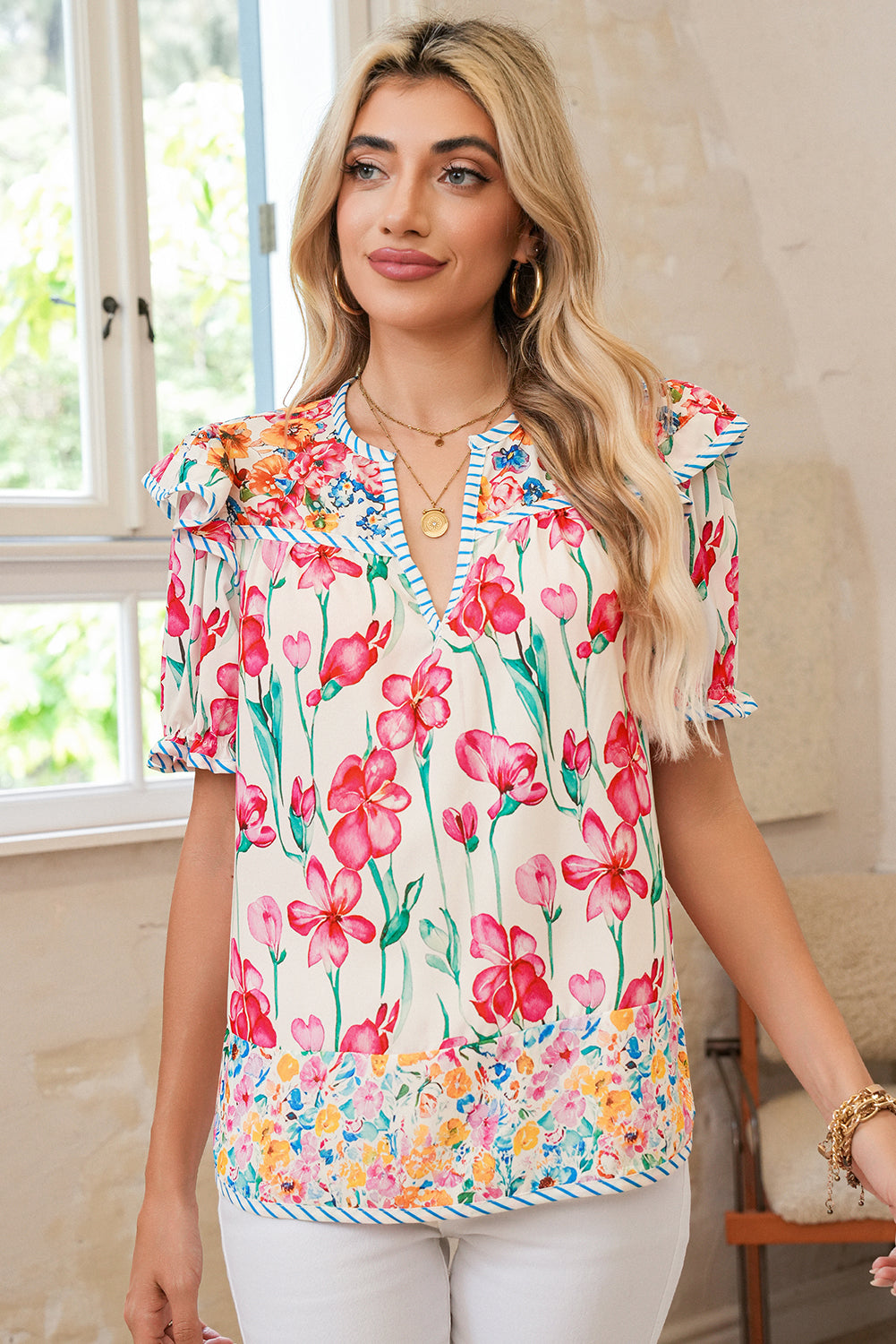Pink Floral Print Striped Detail Split Neck Short Sleeve Blouse