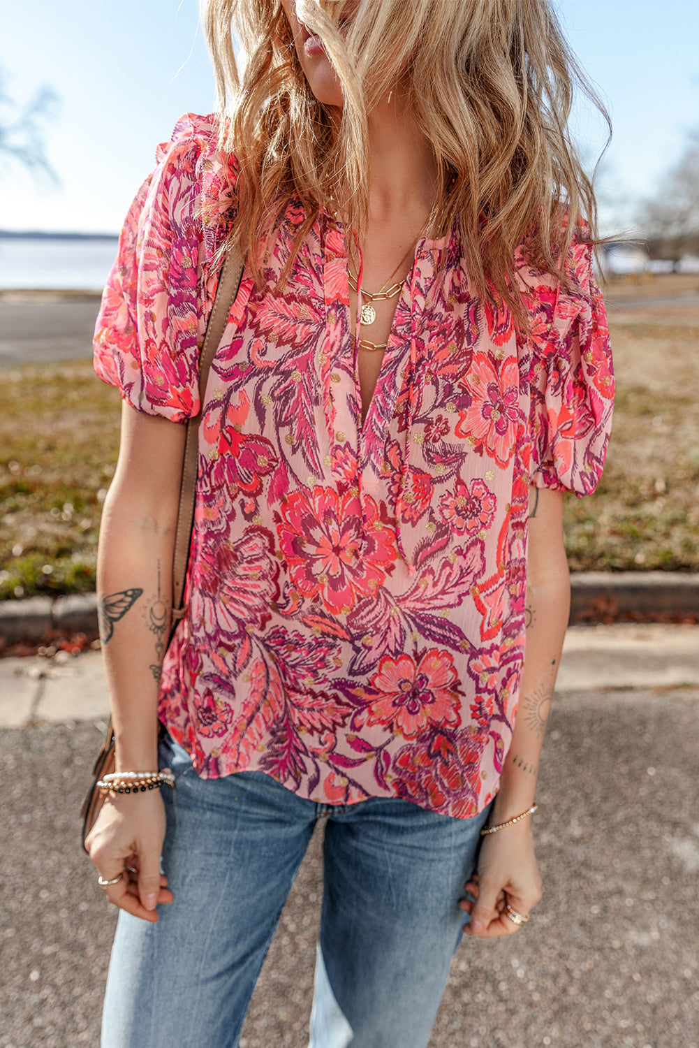Red Floral Print Ruffle Puff Short Sleeve Blouse