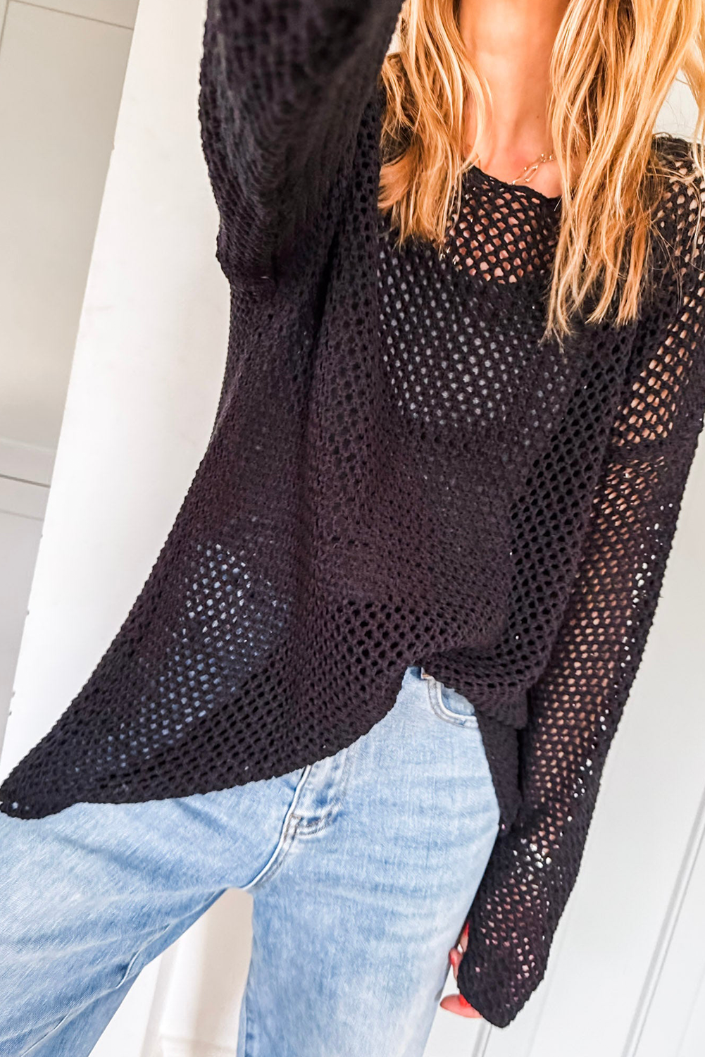 Black Crochet Hollow-out Knit Sweater