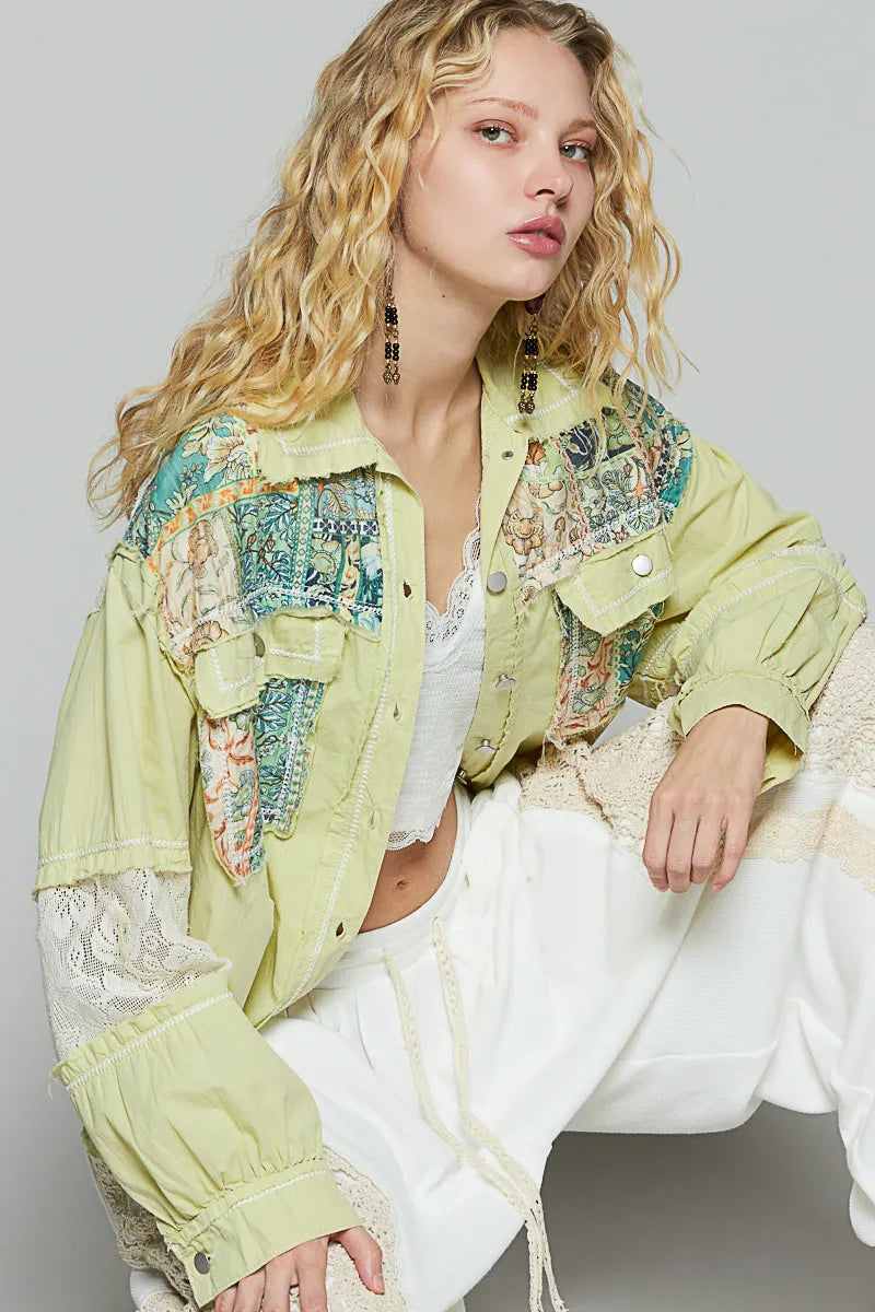 Printed Woven Mix Raw Hem Jacket with Lace Detail