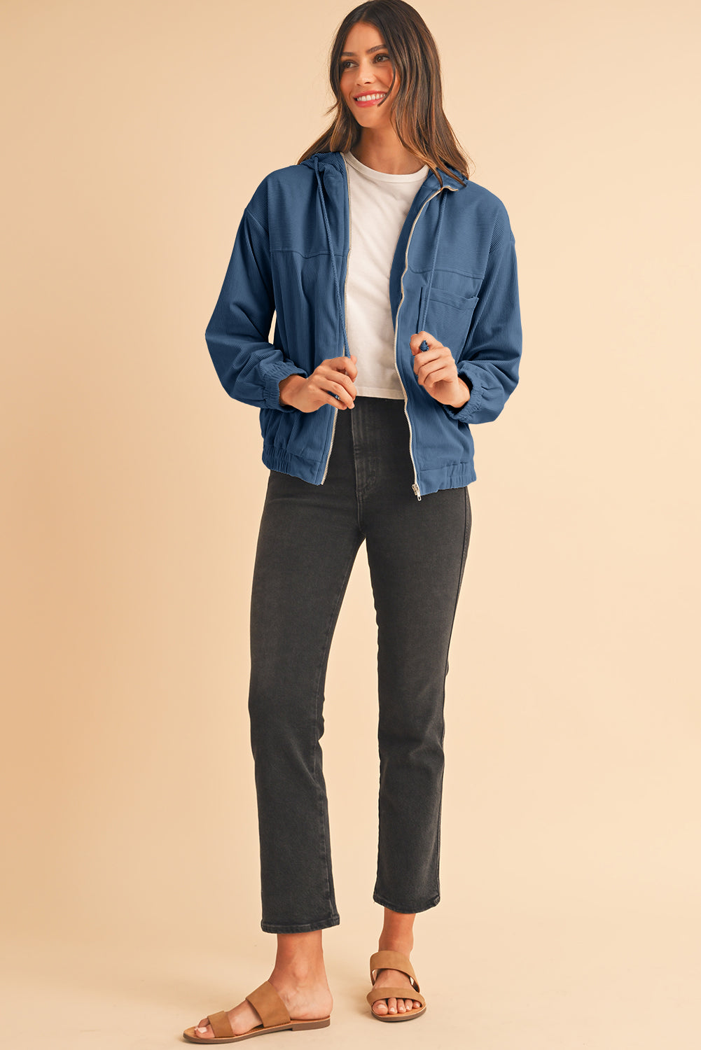 Real Teal Corduroy Drawstring Hooded Pocket Zip Up Jacket