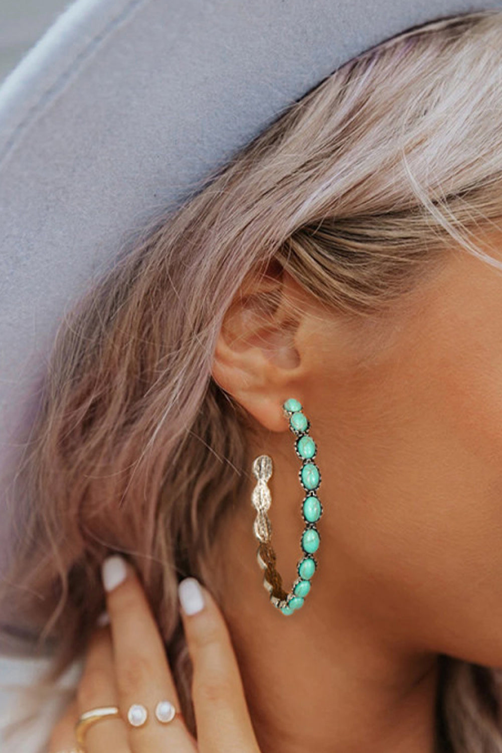 Sky Blue Gem Inlay Retro C-shape Earrings-0