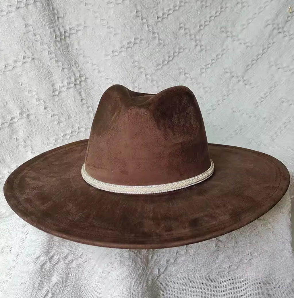Dazzleme Suede Wide Brim Fedora Hat - Vegan Suede Material, Adjustable Straps, 10cm Brim, 12cm Height, Unisex Fashion Accessory-0