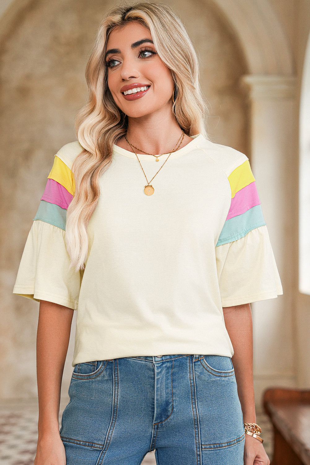 White Colorblock Short Sleeve Round Neck T-Shirt