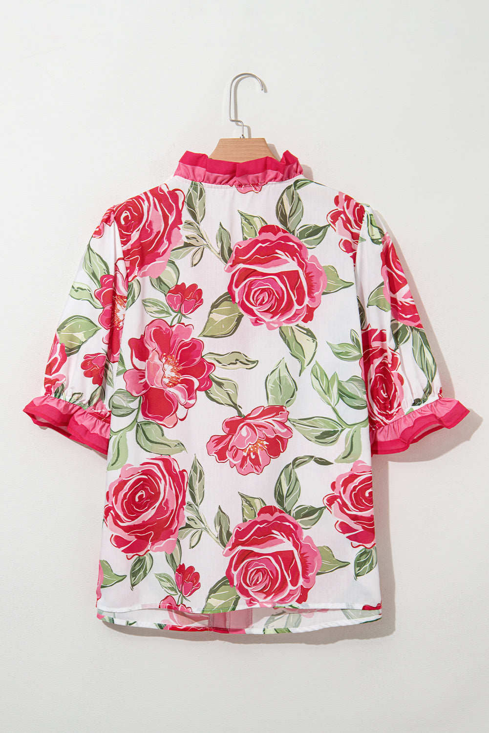 Rose Plus Size Floral Print Frill Neck Short Sleeve Blouse