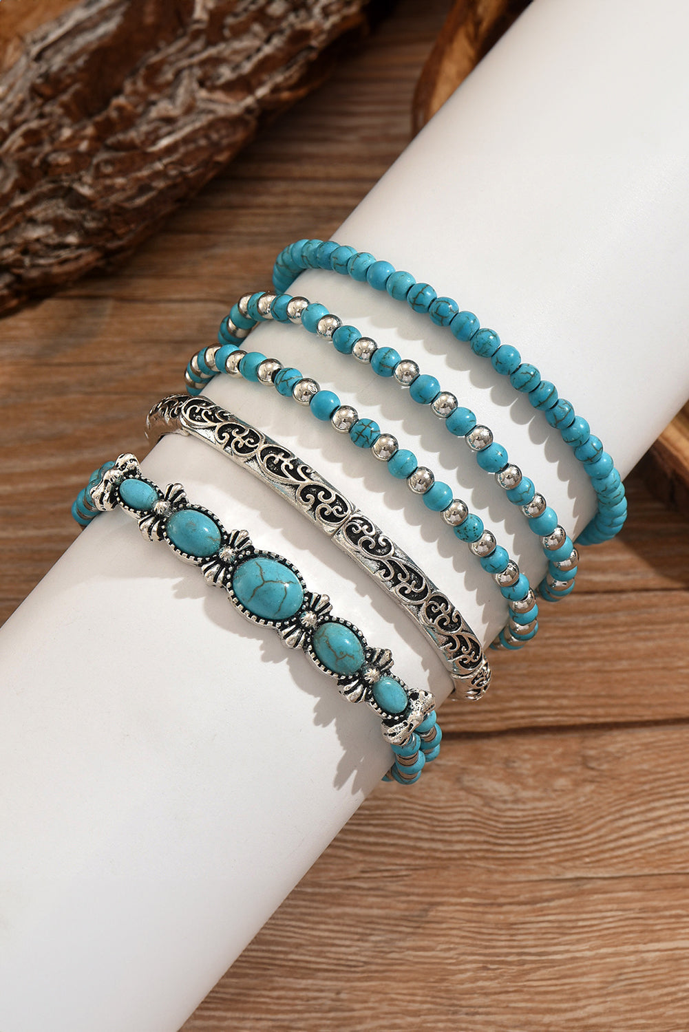 Silvery Vintage Turquoise Beaded Bracelet Set