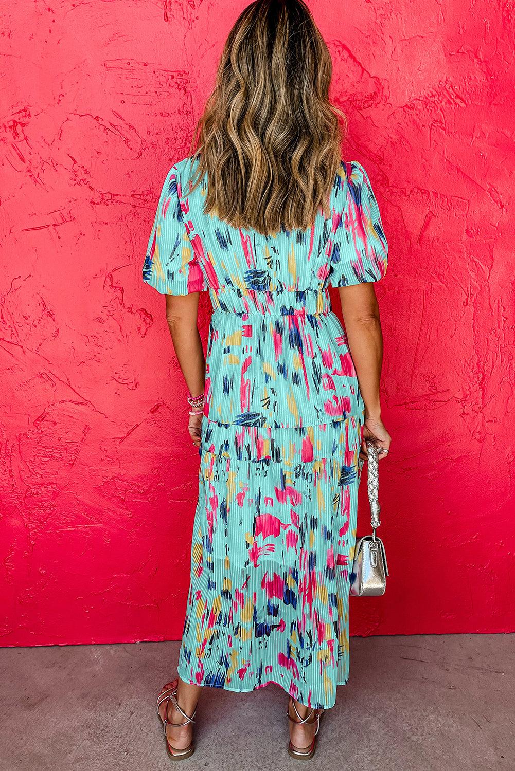 Sky Blue Abstract Print Short Puff Sleeve Tiered Maxi Dress