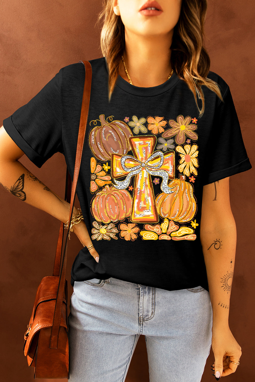 Black Thanksgiving Pray Cross Pumpkin Graphic Cotton Blend Tee