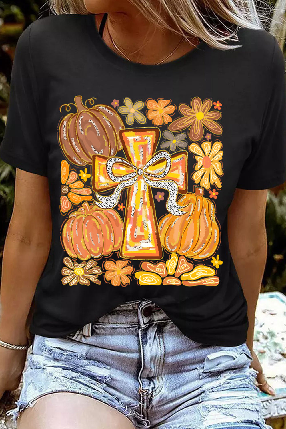 Black Thanksgiving Pray Cross Pumpkin Graphic Cotton Blend Tee