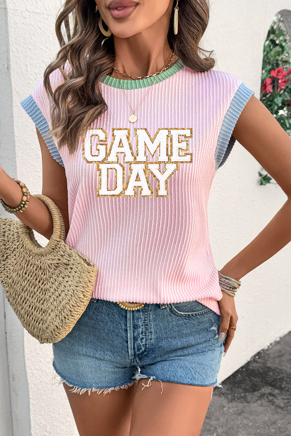 Pink Sequin GAME DAY Graphic Corded Rib Knit Colorblock T Shirt