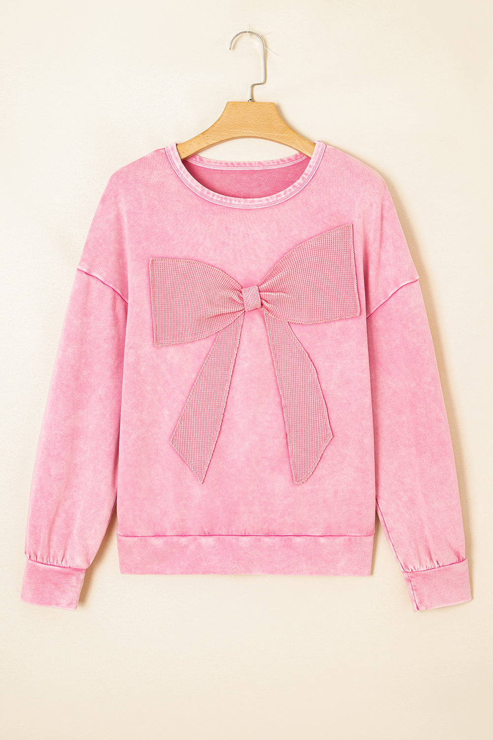 Bright Pink Mineral Wash Waffle Bow Patched Pullover Sweatshirt