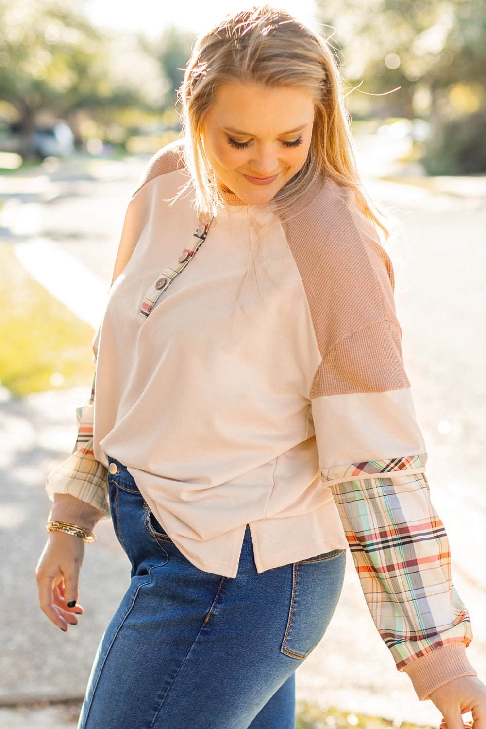 Parchment Plus Size Plaid Waffle Patchwork Henley Top