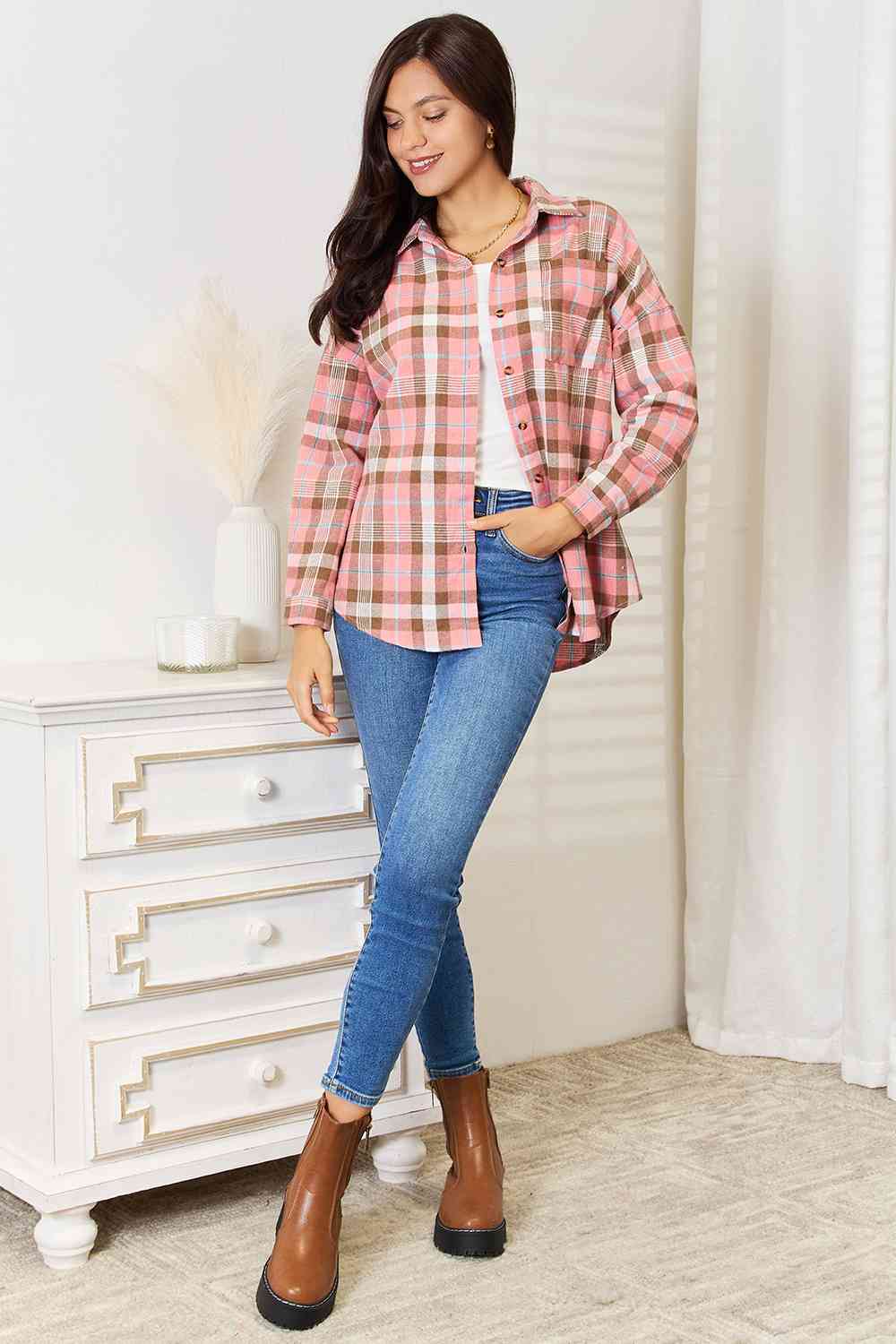 Double Take Plaid Collared Neck Long Sleeve Button-Up Shirt-3