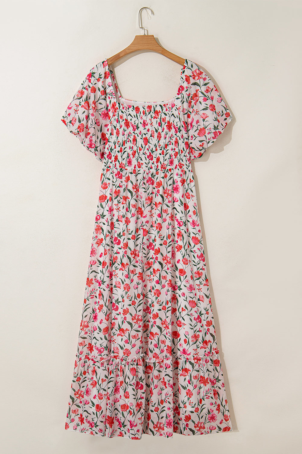 Pink Plus Size Floral Square Neck Puff Sleeve Ruffle Maxi Dress