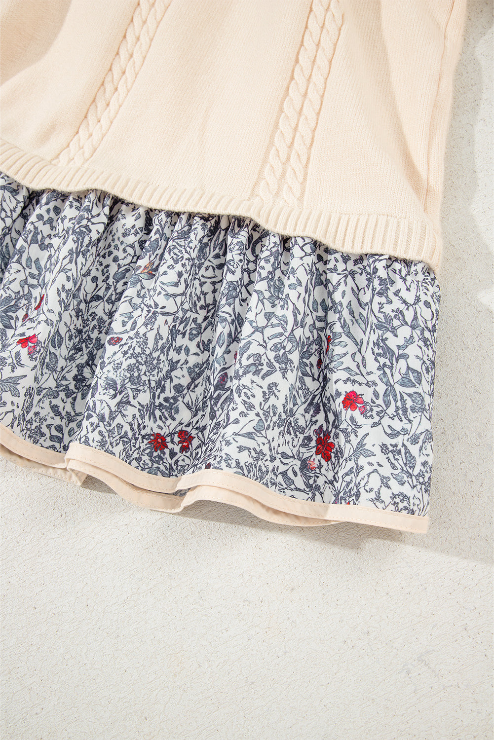 Beige Bohemian Floral Ruffle Hem Patchwork Knit Sweater