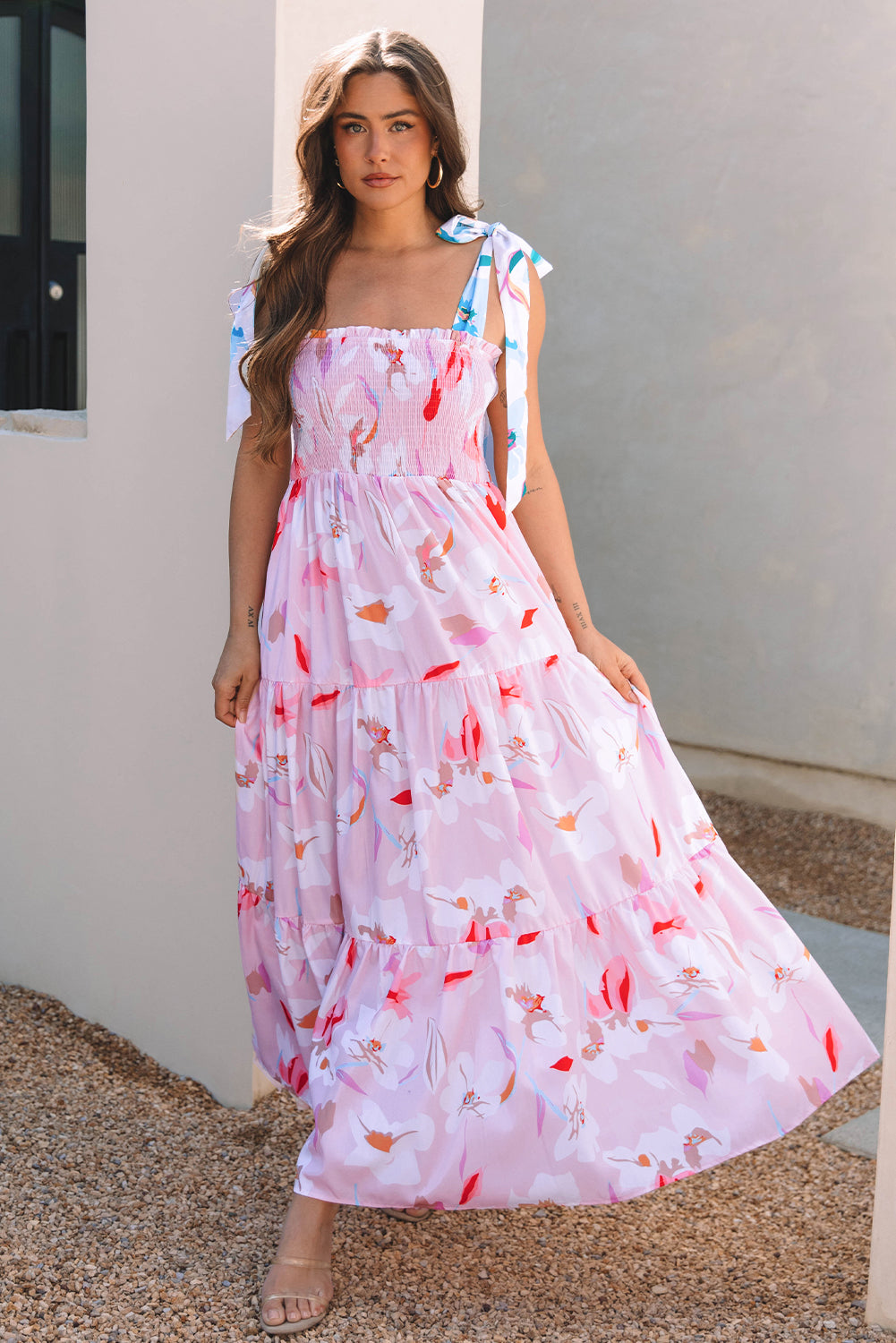 Flora Floral Knotted Shoulder Smocked Maxi Dress-0