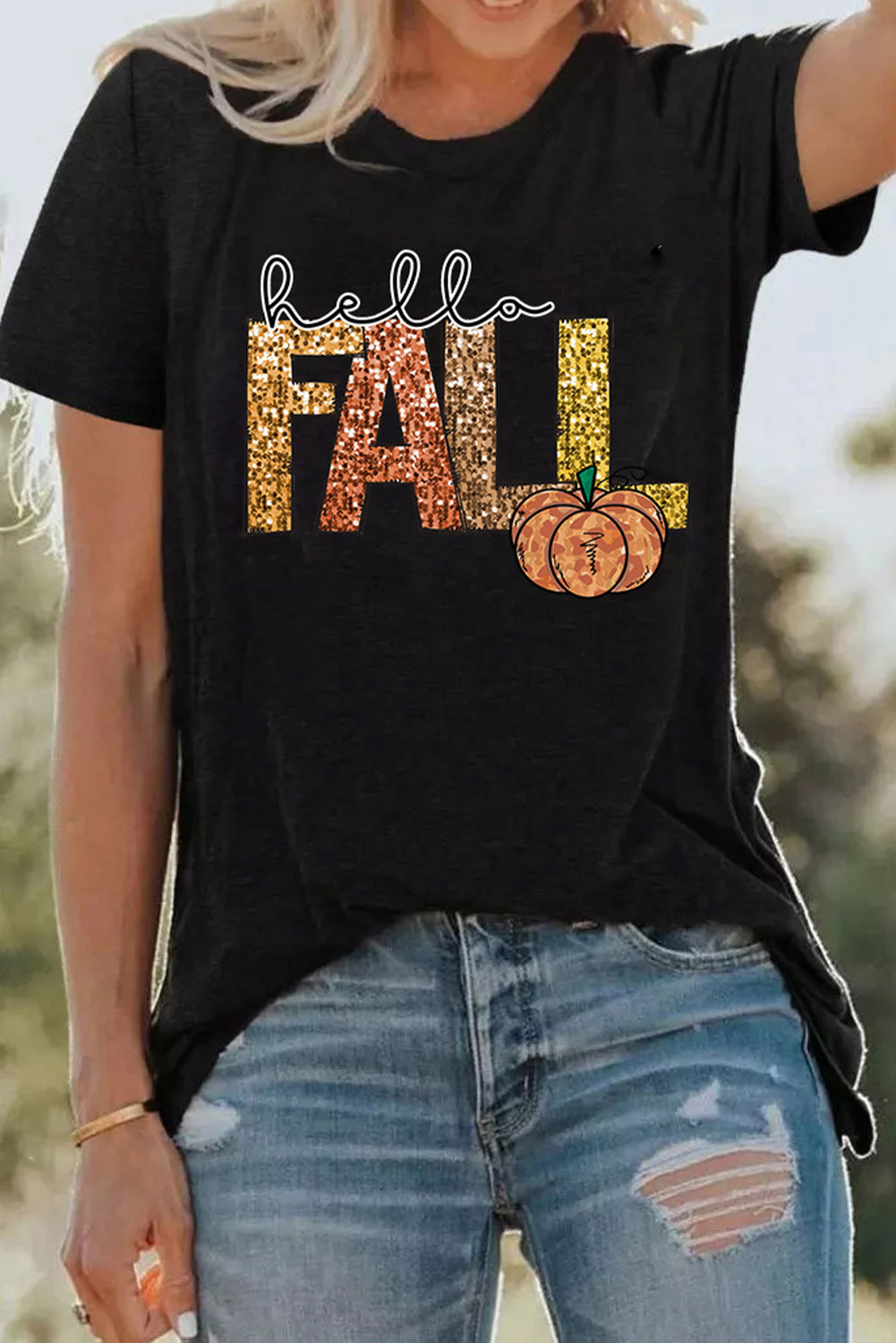 Black Hello Fall Letter Pumpkin Printed T Shirt