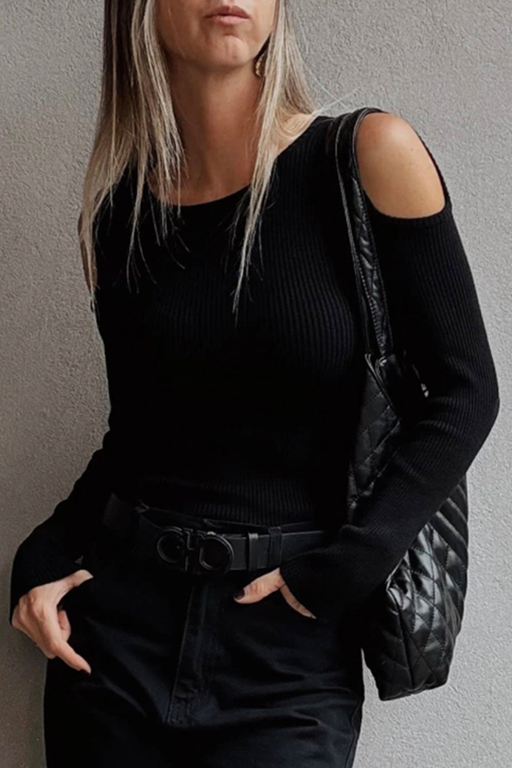 Black Ribbed Knit Cold Shoulder Plain Sweater