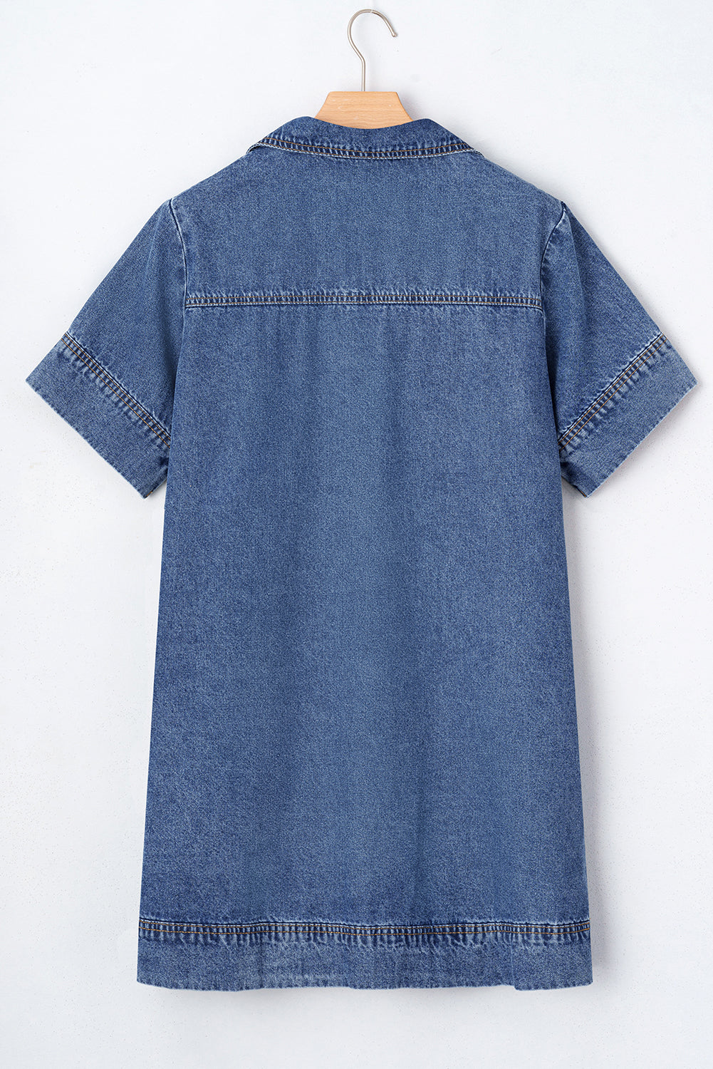 Blue Short Sleeve Collared Chest Pocket Denim Mini Dress