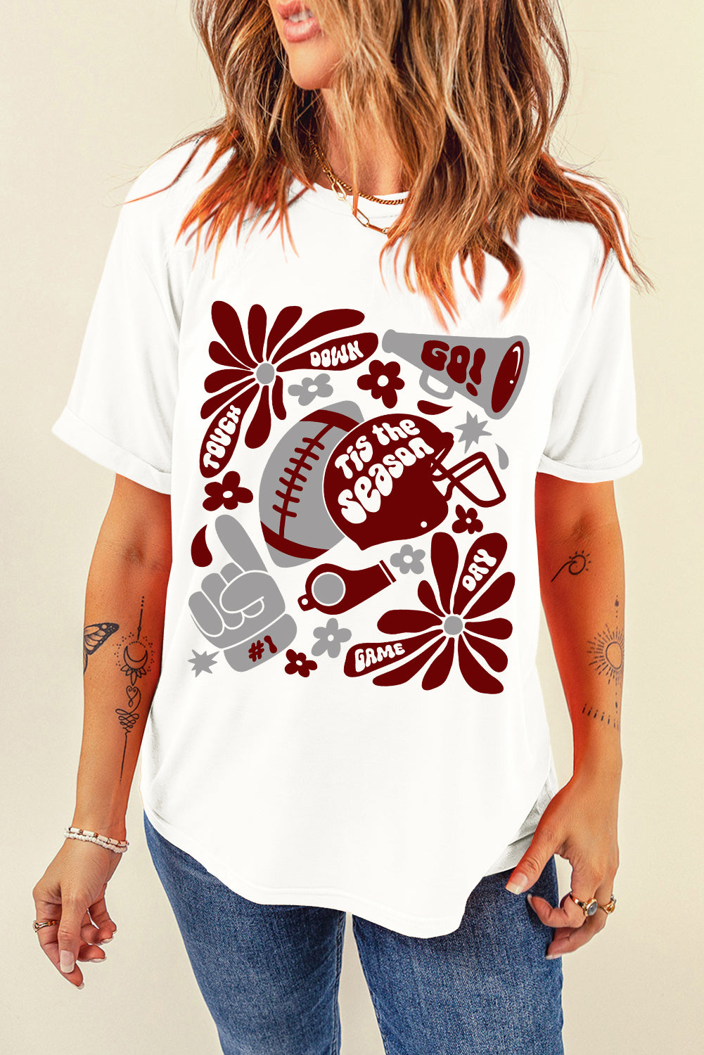 White Touch Down Game Day Tis Season Graphic Crew Neck Tee