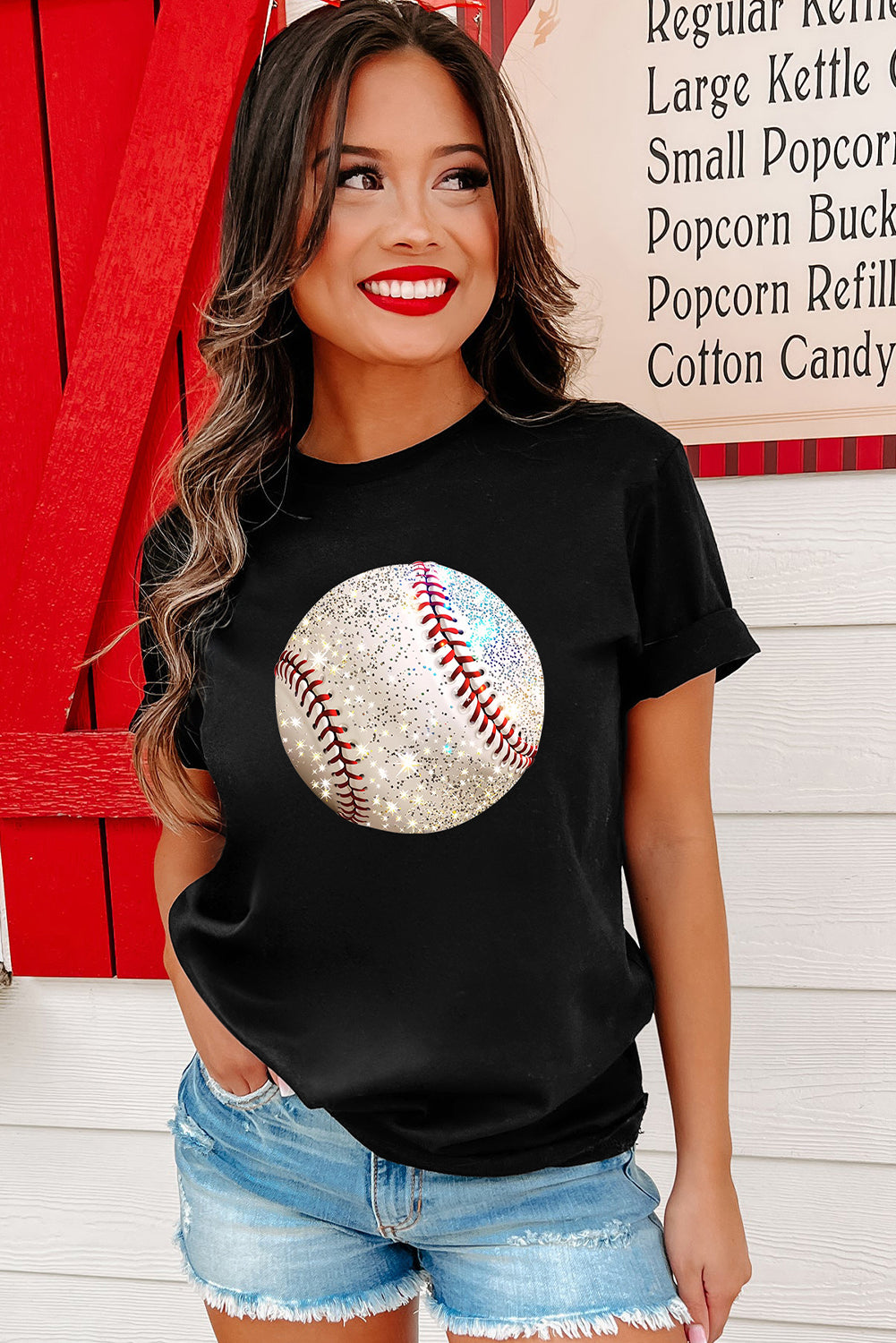Black Heat Transfer Baseball Print Cotton Blend T Shirt