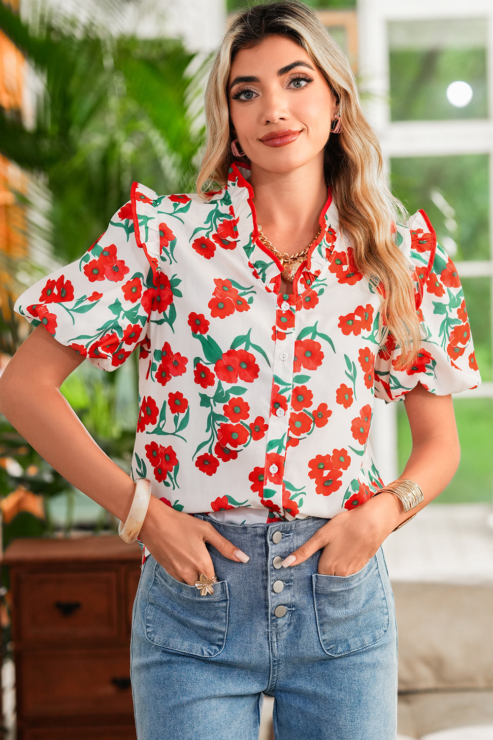 Red Floral Print Ruffle Puff Sleeve Summer Shirt