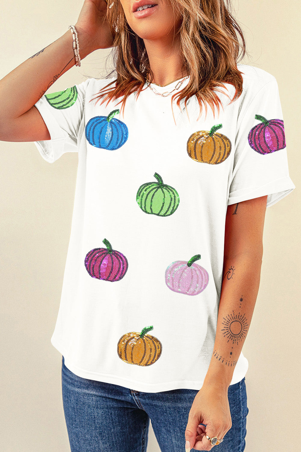 White Sequin Pumpkin Patched Cotton Blend T Shirt