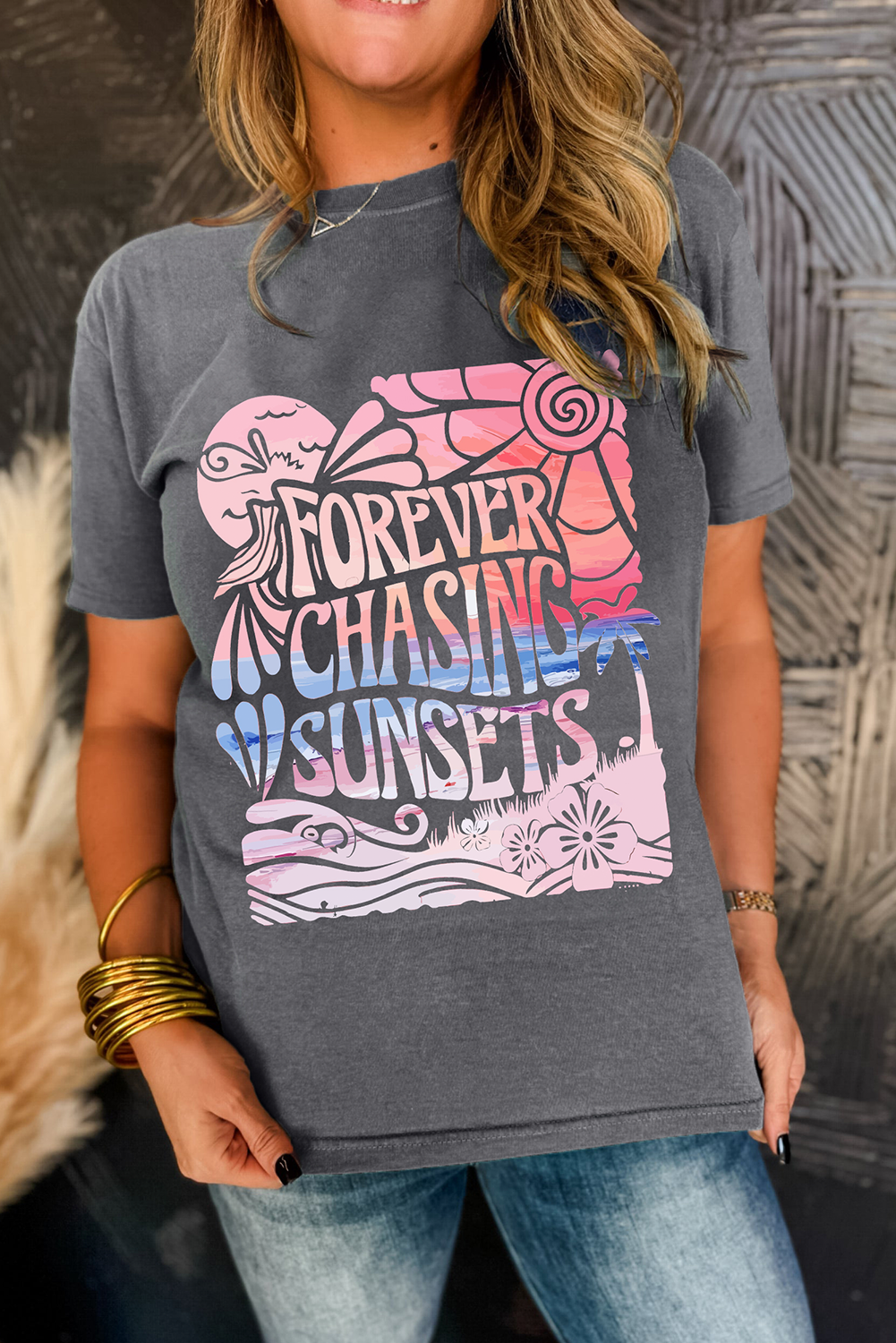 Gray FOREVER CHASING SUNSETS Graphic Summer T Shirt