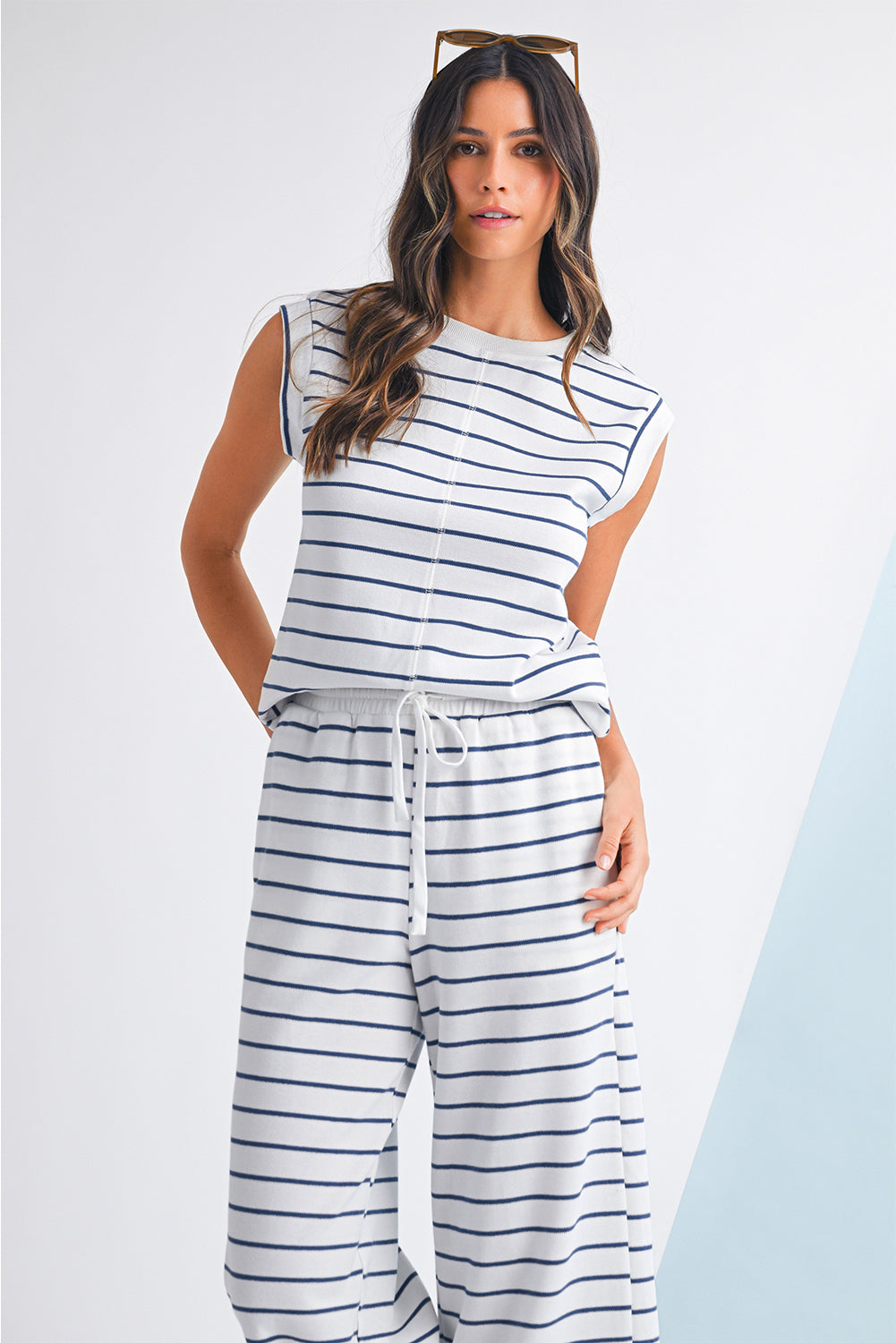 Sail Blue Casual Striped Tee and Wide Leg Pants Set