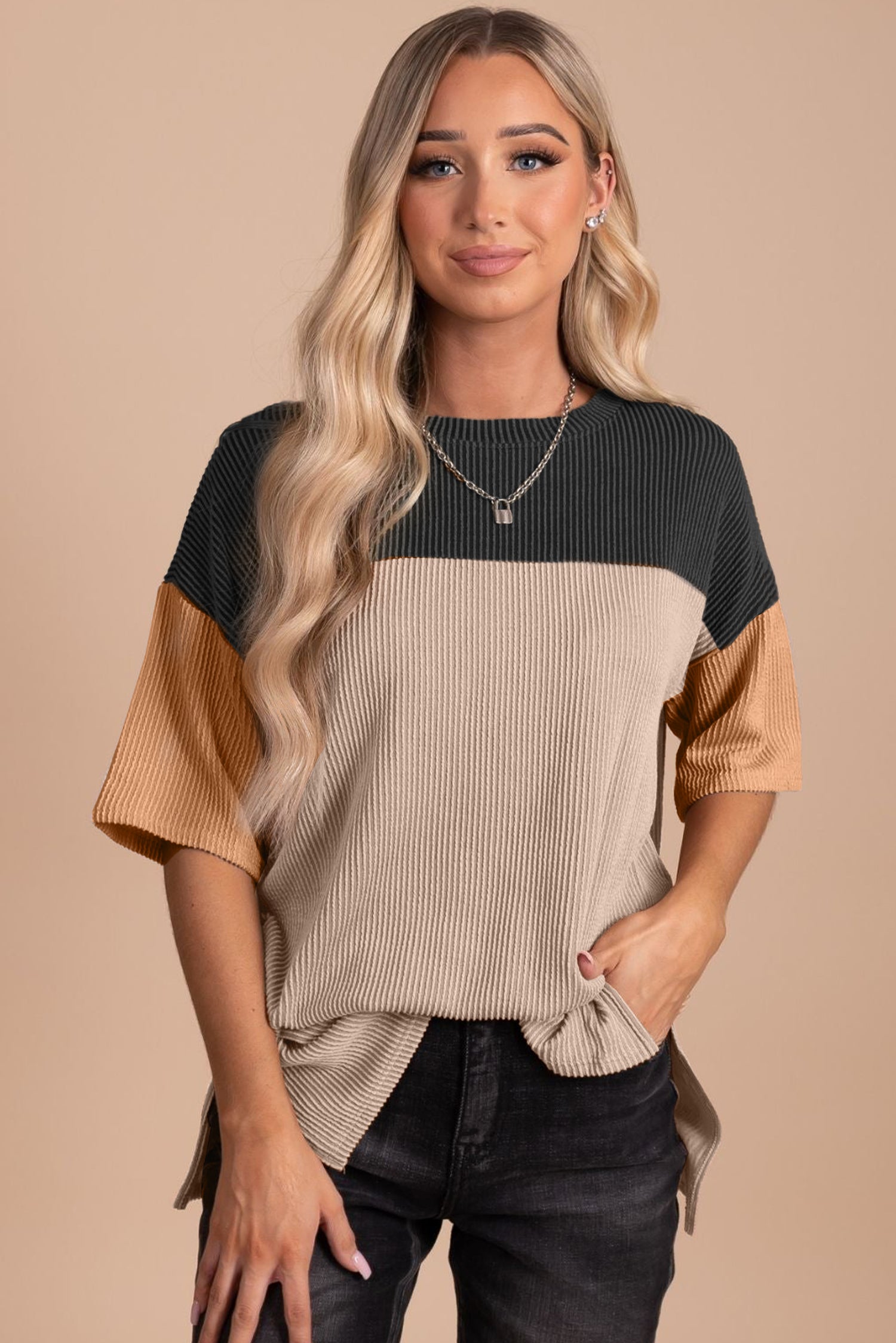 Black Color Block Ribbed Side Slits Half Sleeve Top