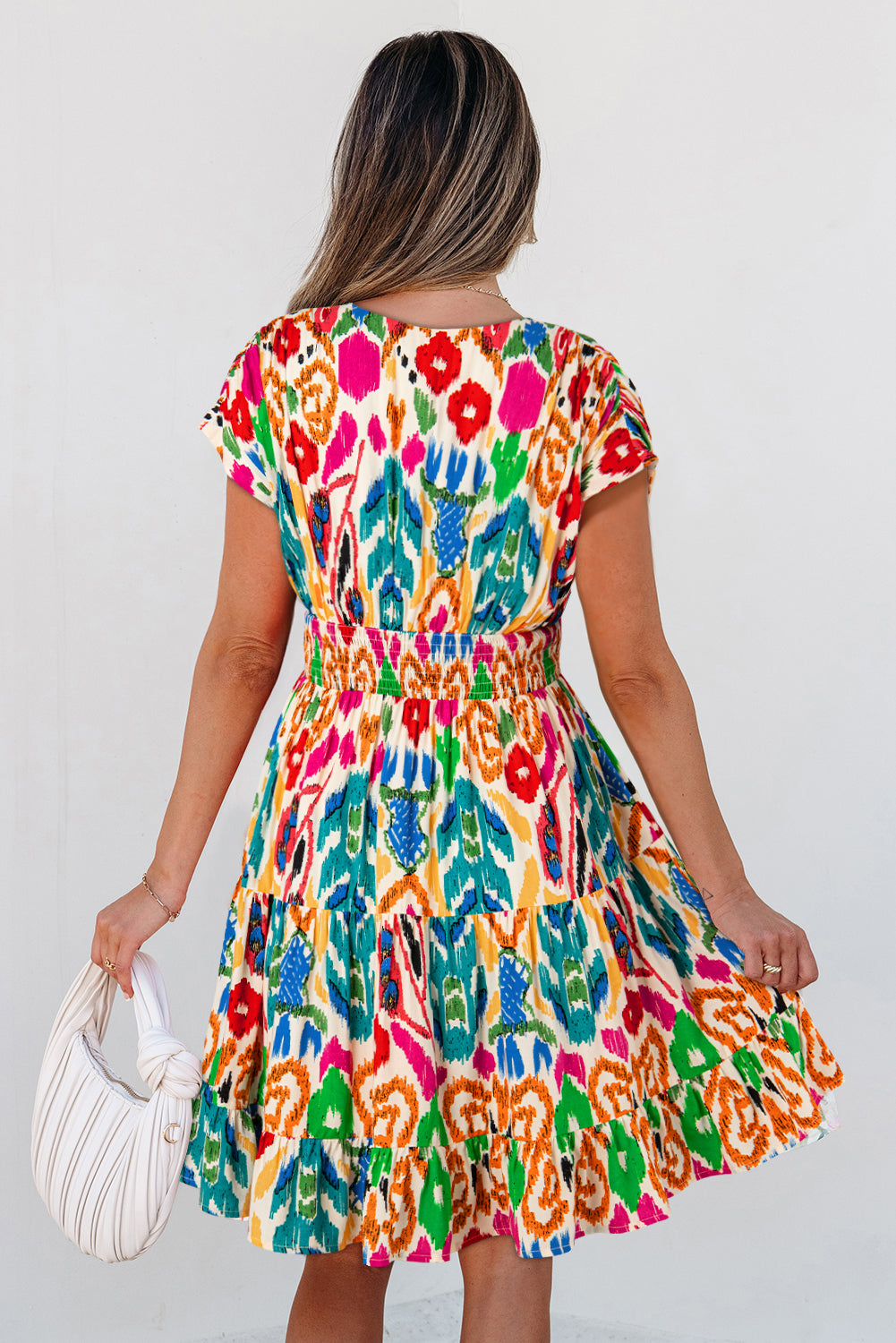 Sky Blue Abstract Print V Neck Dolman Sleeve Ruffle Tiered Mini Dress