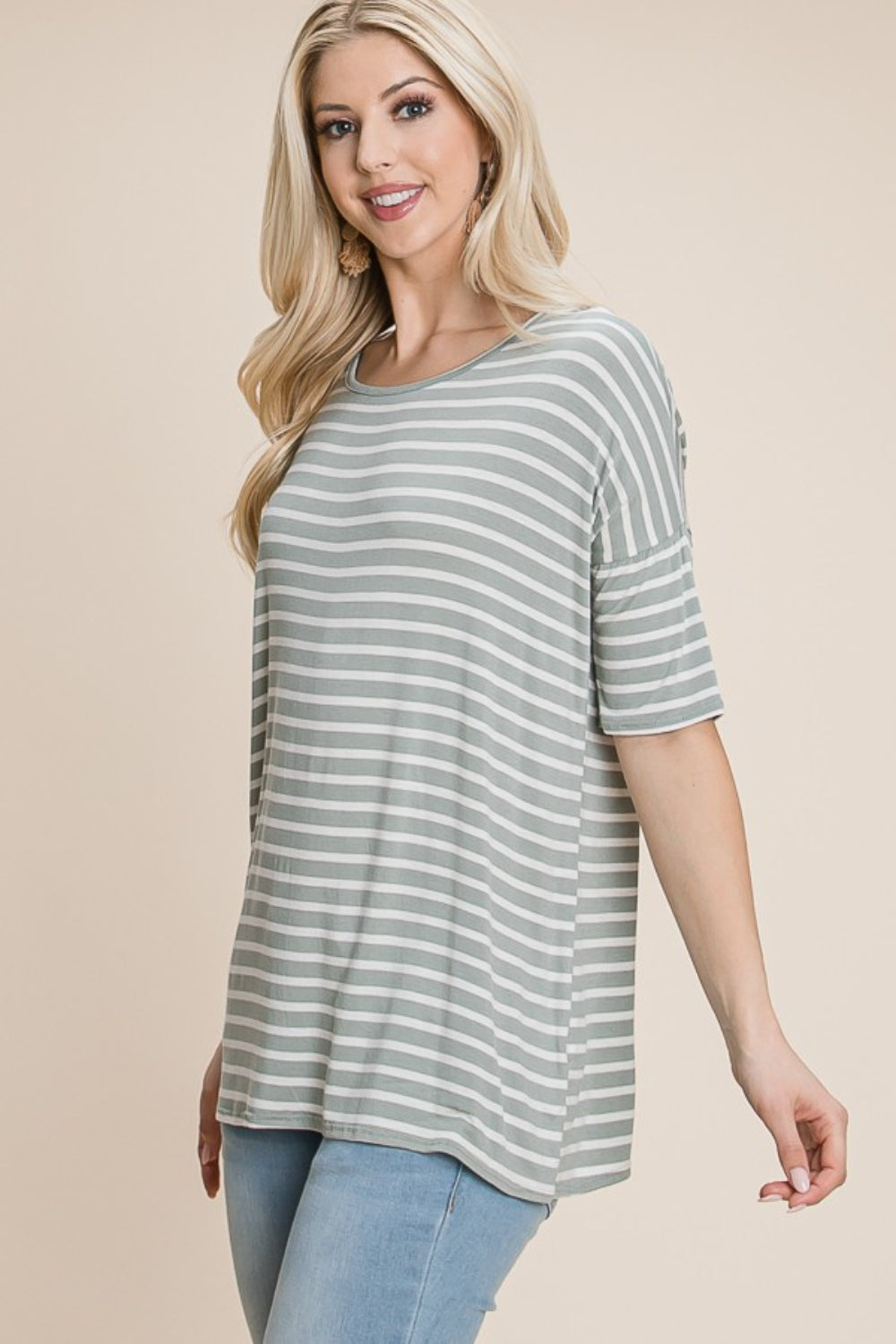 BOMBOM Striped Round Neck T-Shirt-2
