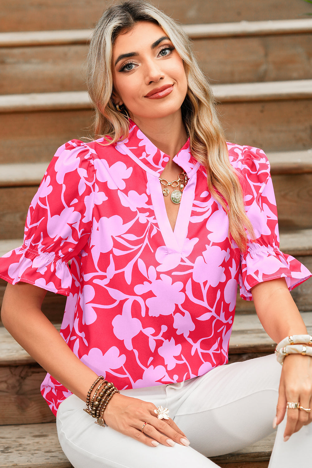 Red Floral Split V Neck Ruffle Puff Sleeve Blouse
