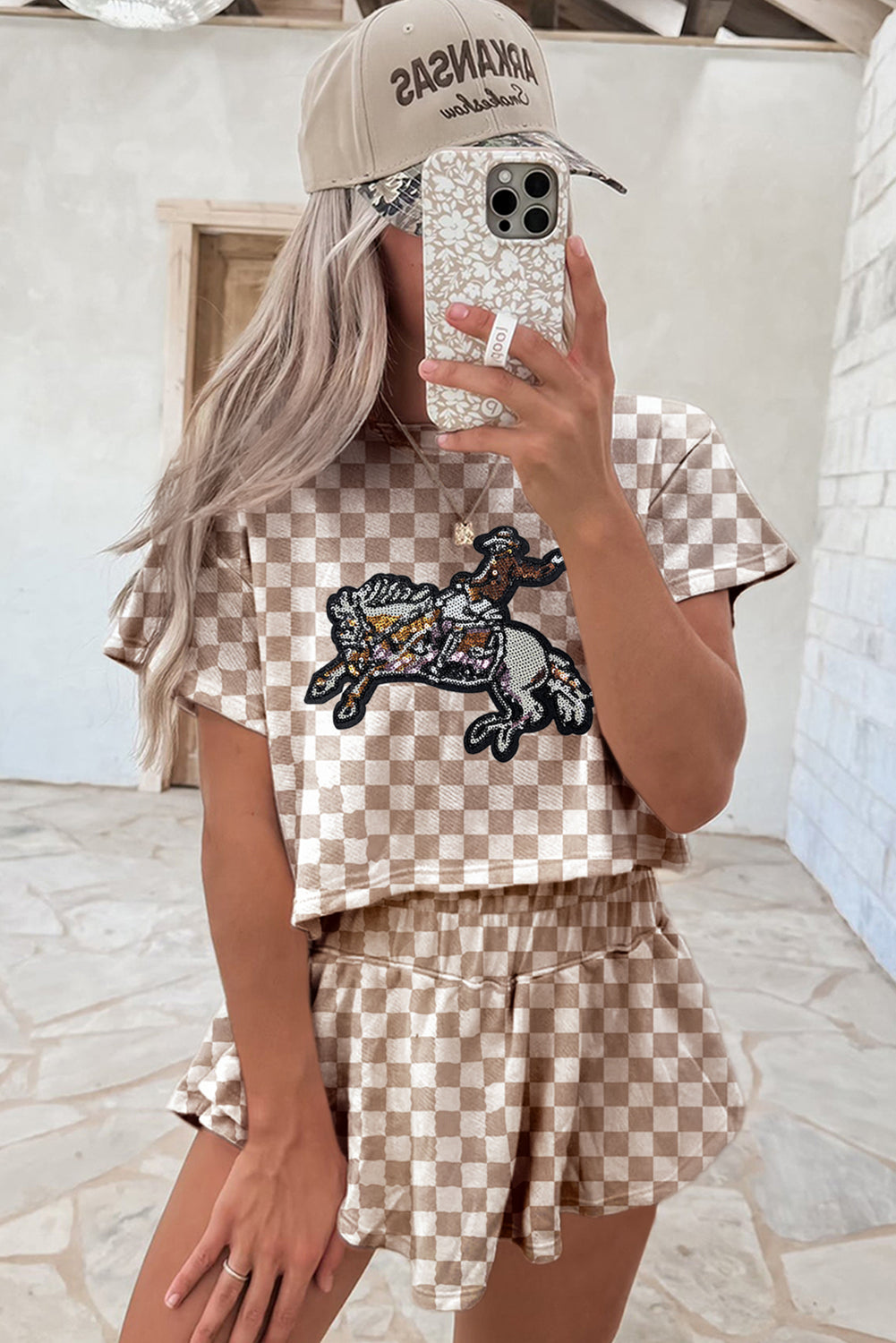 Brown Checkered Sequin Rodeo Graphic Cropped Tee and Skort Set