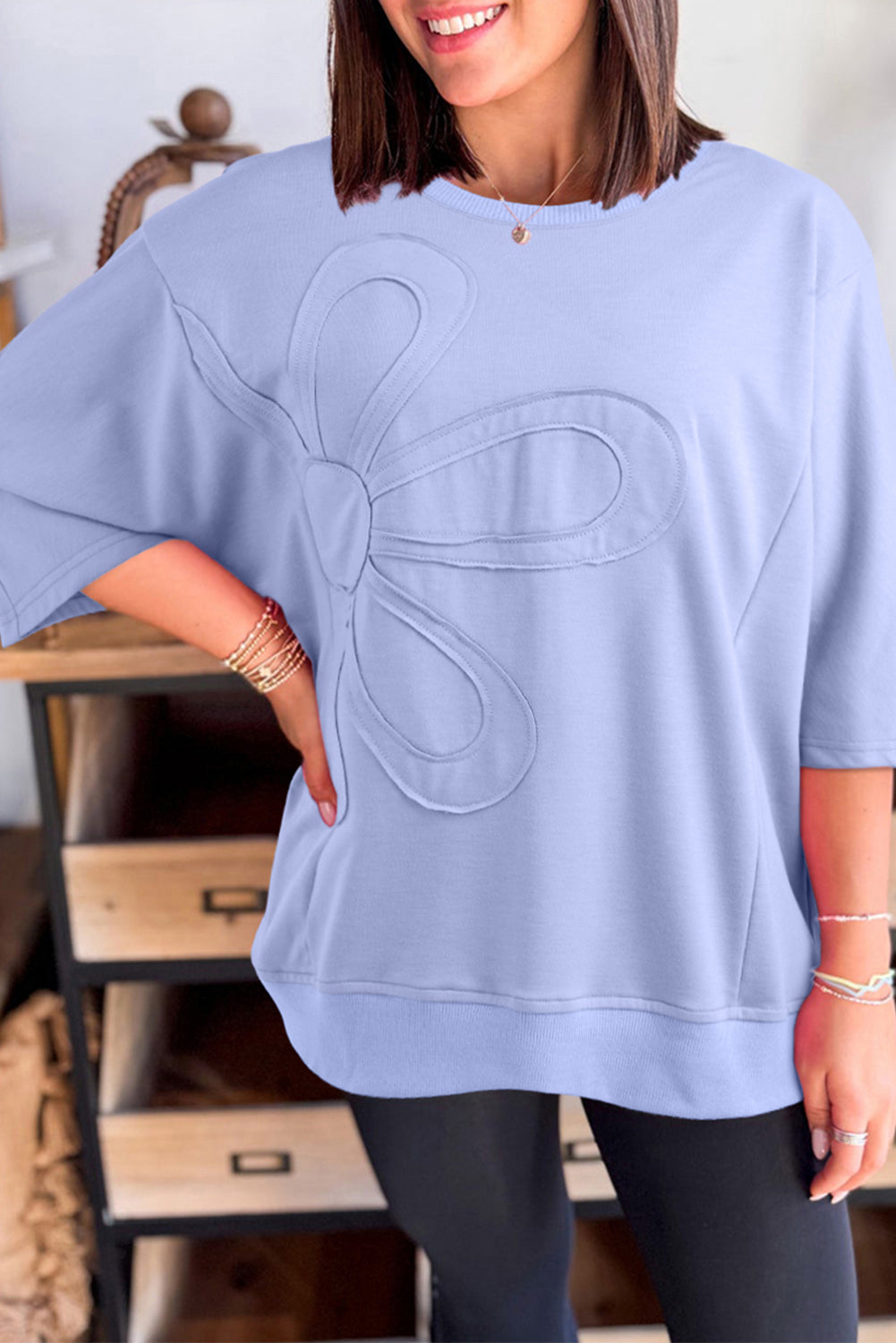 Beau Blue Solid Color Floral Patched Half Sleeve Tunic Top