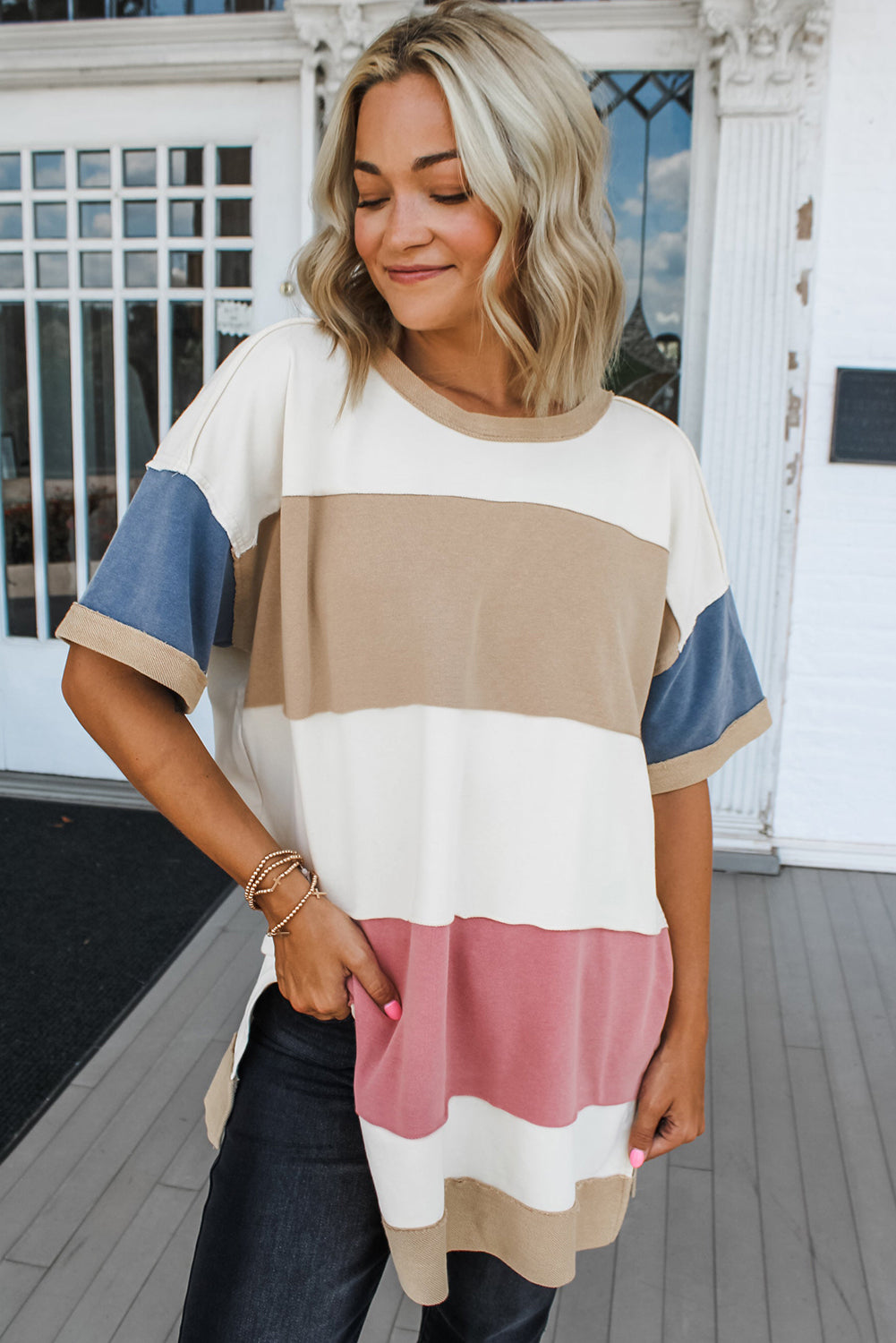 Multicolour Colorblock Patchwork Side Split Tunic T Shirt