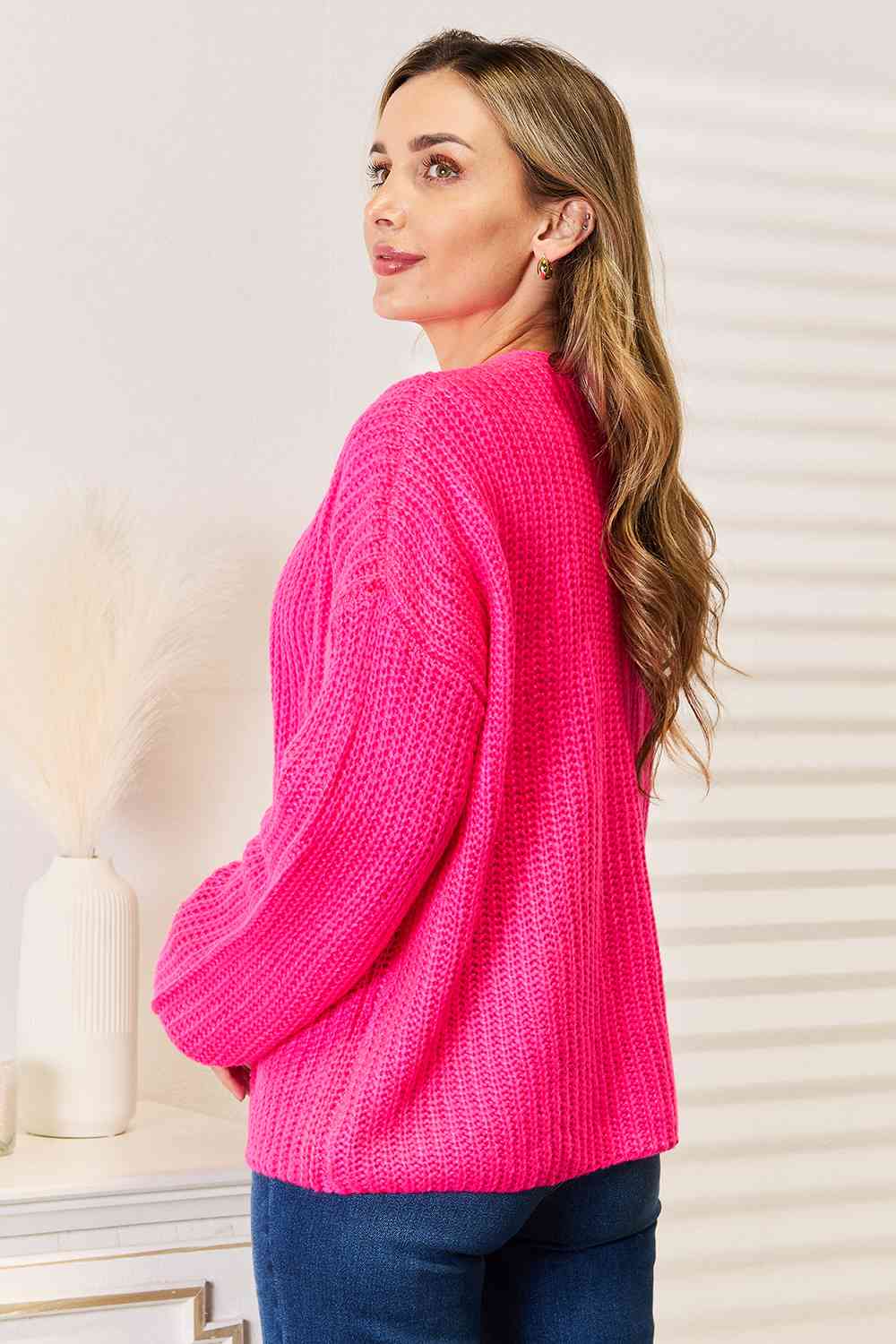 Woven Right Rib-Knit Open Front Drop Shoulder Cardigan-1