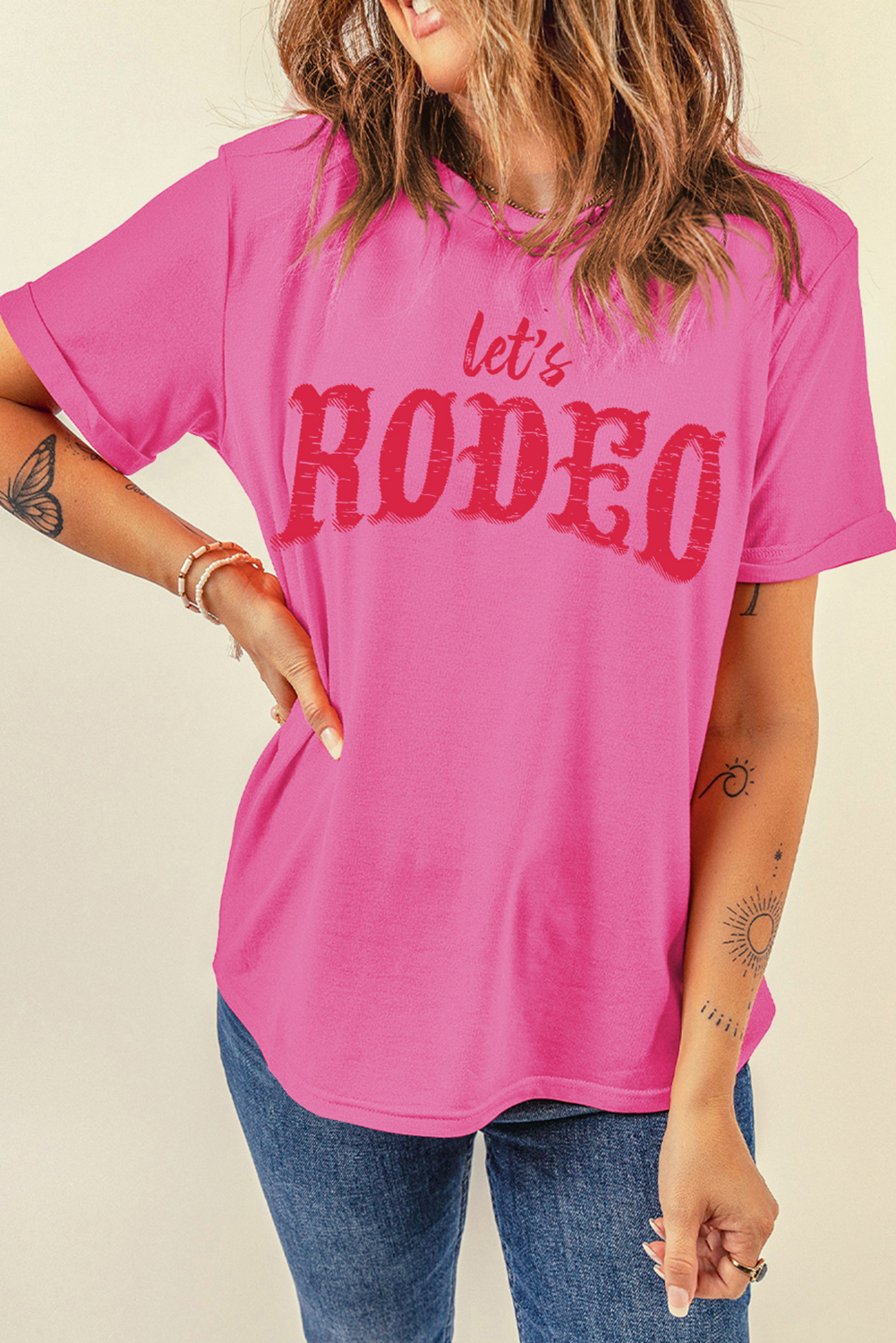 Rose Red Lets Rodeo Crew Neck Graphic Tee