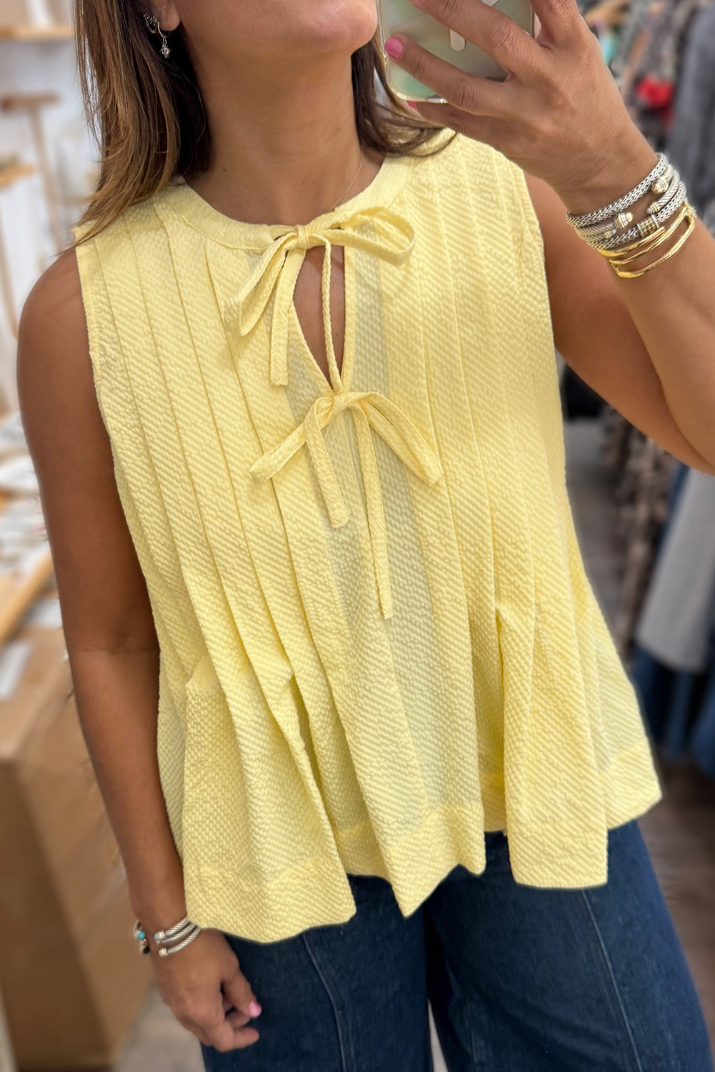 Yellow Cream Bow Tie Notched Neck Pleated Sleeveless Top